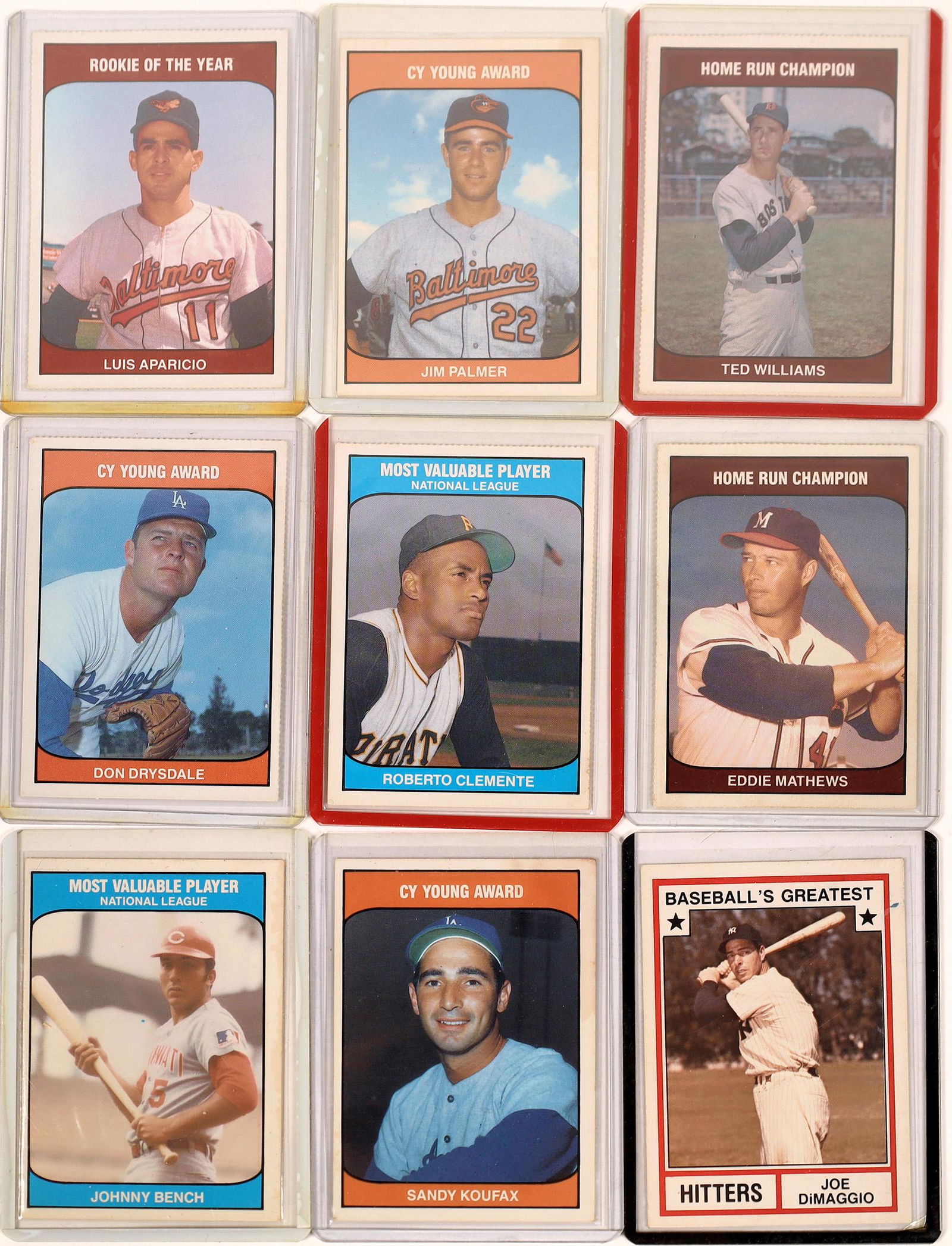 TCMA Star Ballplayer Cards (9) [129797]: Fantastic group of nine TCMA baseball trading cards featuring Hall of Fame players Johnny Bench, Don Drysdale, Sandy Koufax, Ted Williams, Jim Palmer, Eddie Mathews, Luis Aparicio and Joltin Joe DiMag
