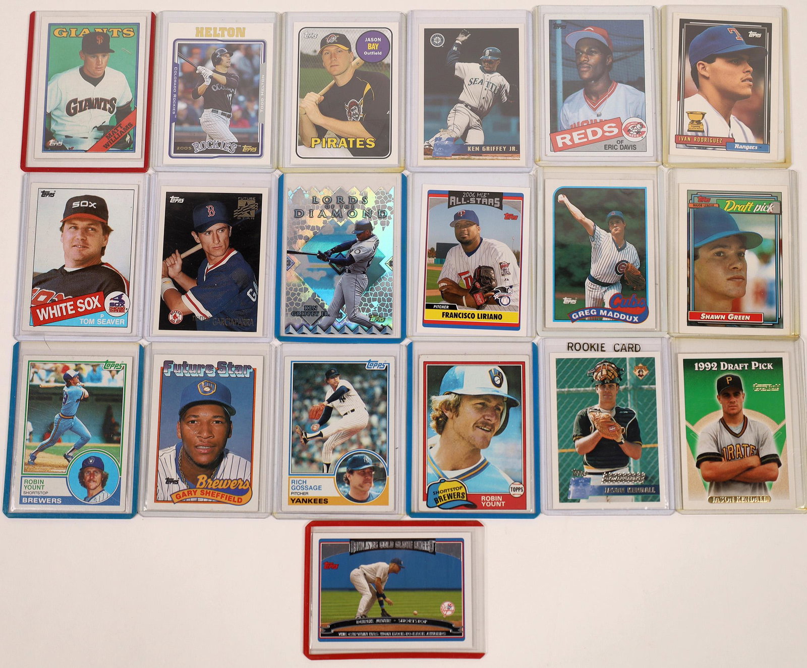 Topps Baseball Cards for the 1980's (19) [129796]: A group of 19 Tops bubblegum cards featuring baseball players, from Hall of Famer to regular guy. Cards include Goose Gosage, Greg Maddux, Tom Seaver, Gary Sheffield. All are encased in plastic and ap
