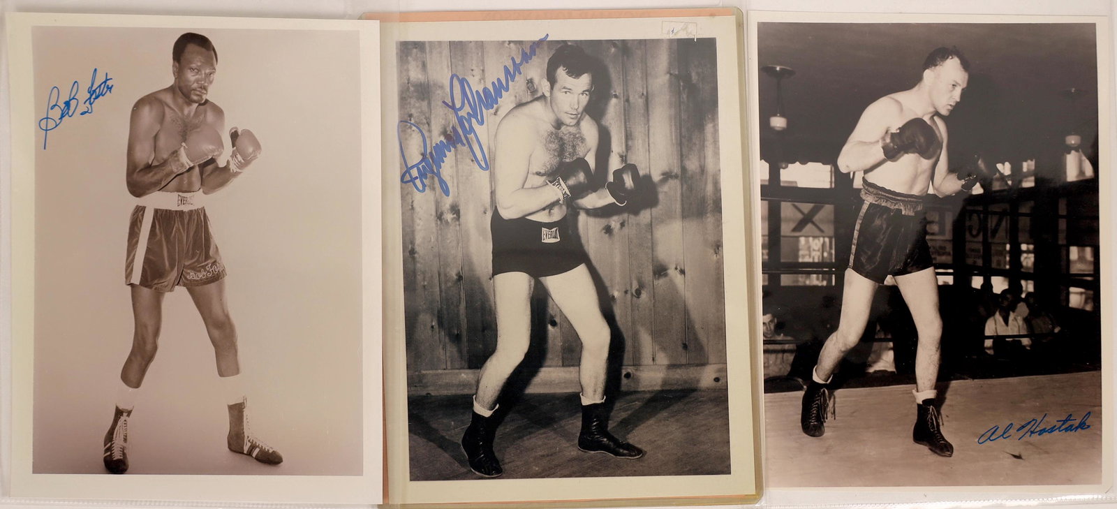 Autographed Photos of Three Well Known Boxers [127434]: Three 8"x 10" autographed photos of various professional boxers, heavyweight Igemar Johansson, heavyweight, light heavyweight Bob Foster and middleweight Al Hostak. Johansson defeated Floyd Patterson 