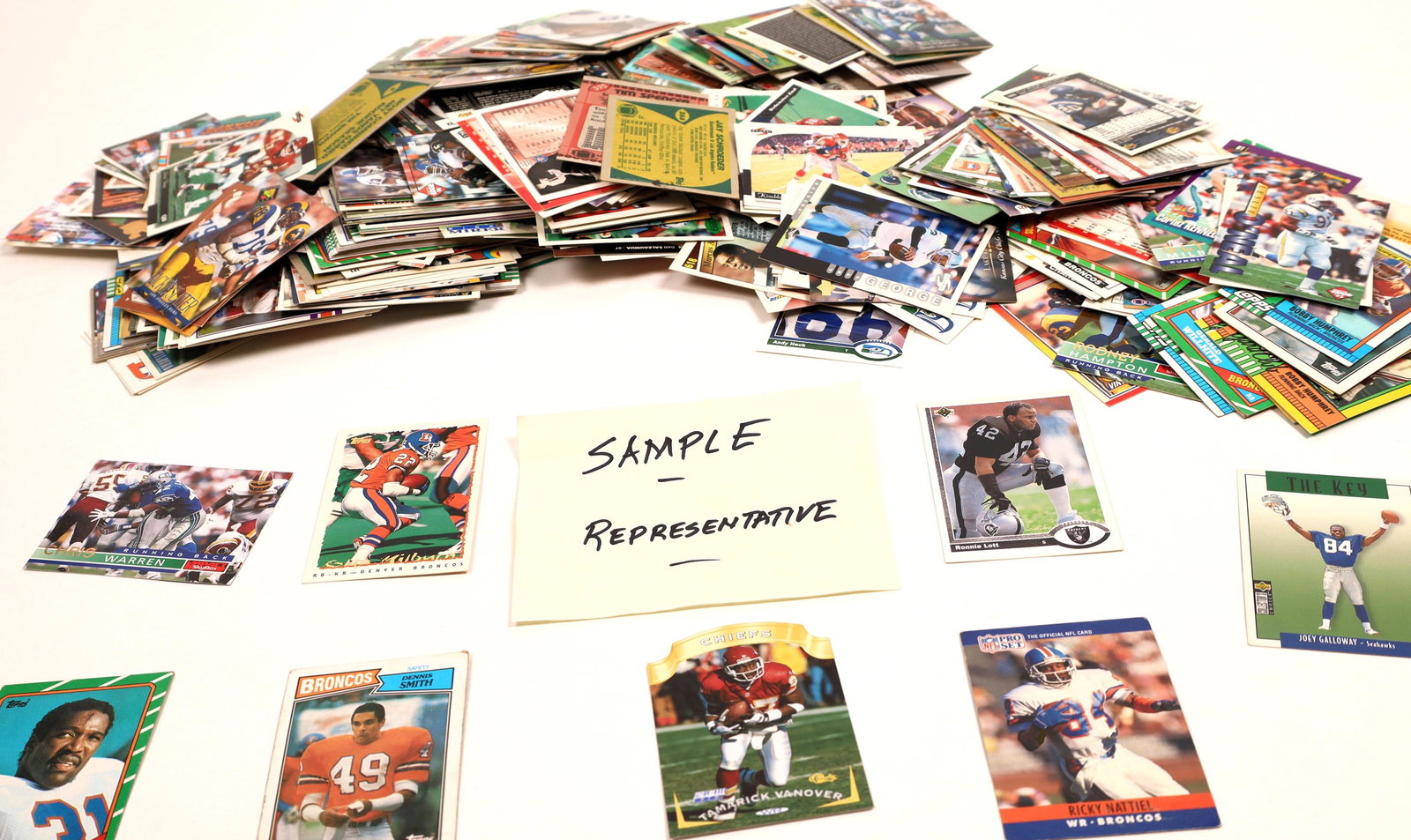 AFC West Football Trading Cards [131102]: An assortment of approximately 400 Topps, Fleer, Upper Deck and more trading cards, featuring players from the NFL's American Conference West. Players featured include, Chris Warren Seattle, Ronnie Lo