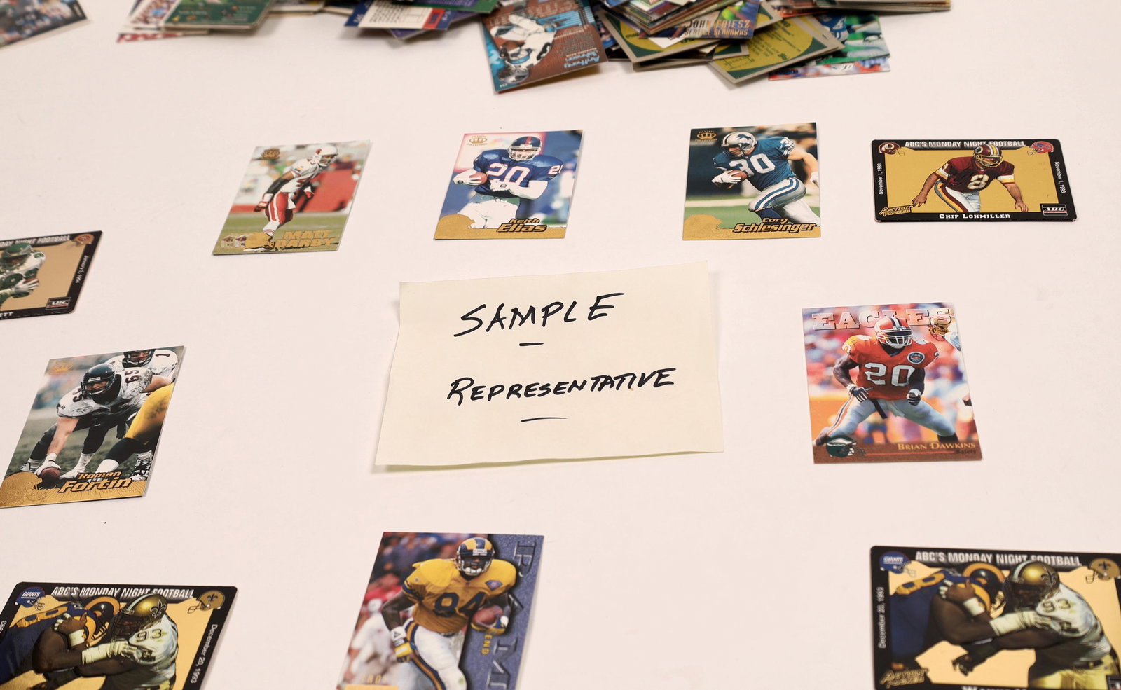National Football League Trading Card Grab Bag: An assortment of approximately 270 Topps, Fleer, Upper Deck and more trading cards, featuring players from the NFL. Players featured include Rick Mirer, Mark Bavaro, Robert Brooks and many more. Keep 