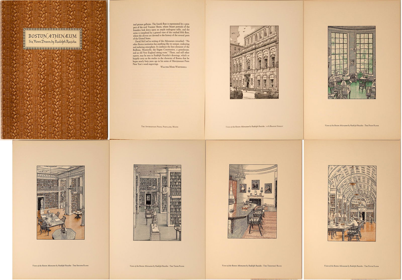 Rare Ruzicka Wood Block Print Portfolio [128245]: Portfolio of Boston Athenaeum "Six Views Drawn by Rudolph Ruzicka" Prints measure 9"x 12" and in near new condition.Ruzicka was an important printmaker, typeface designer, graphic artist, and book des