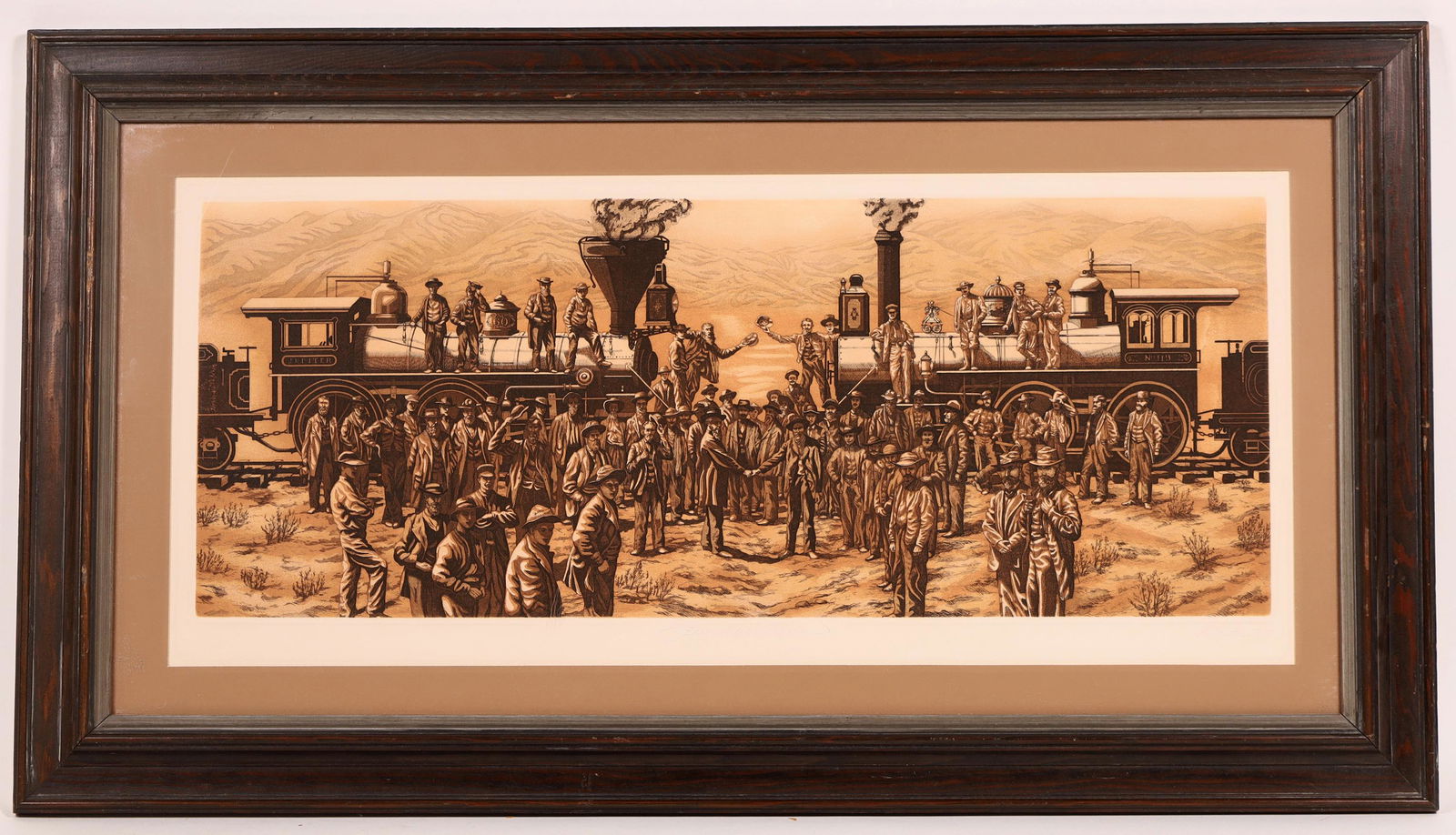 Framed CPRR Print and Western Print (2) [131489]: lot of two framed pieces. 1.) East meets West by K. Kenton 1977, signed lithograph in brown orange tones. 18 x 36" 2.) Conestoga Wagons over Donnor Summit "The Ascent" by C. Lucas original black pen a