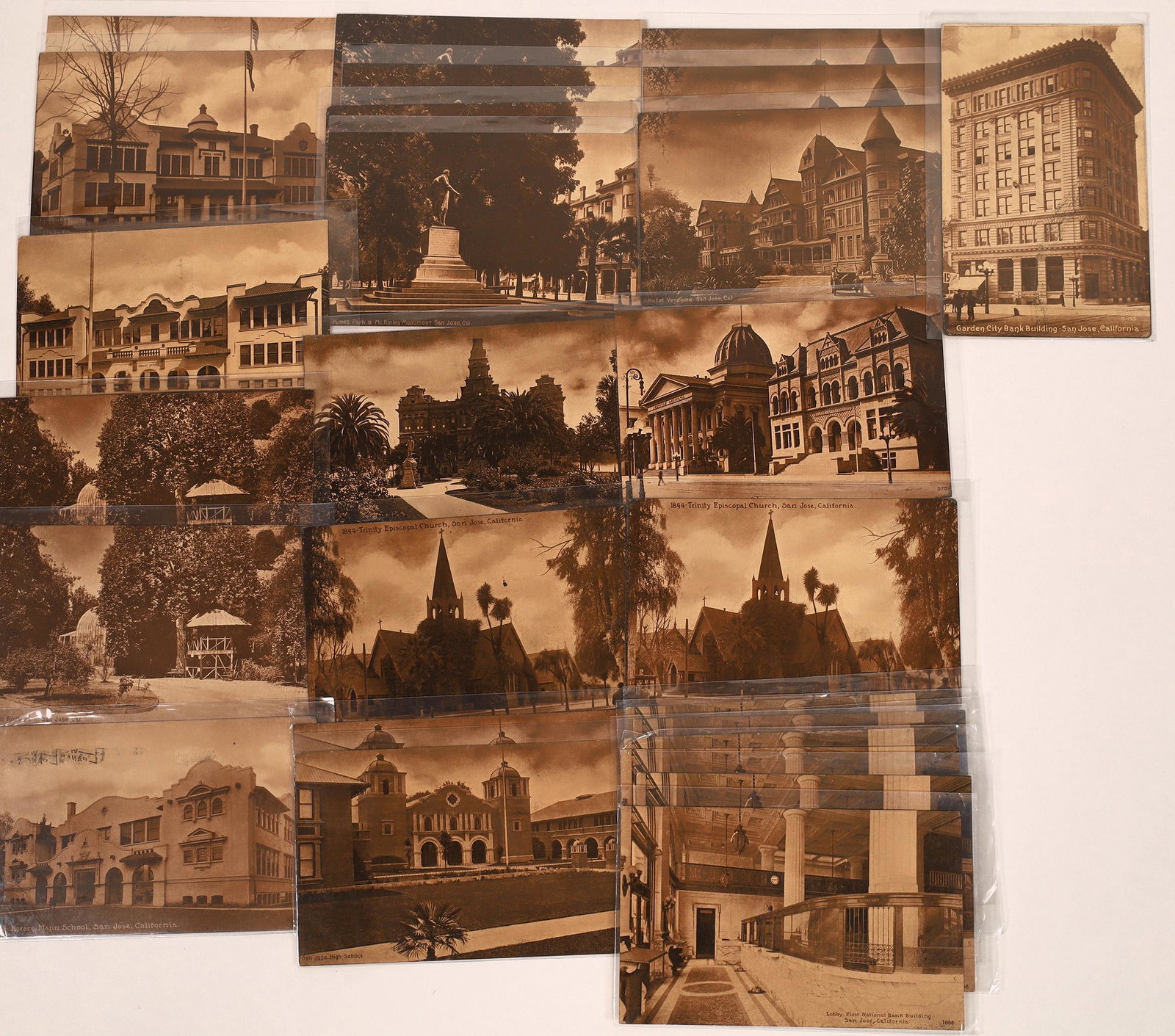 San Jose, California Amber Postcards - 27 [129374]: Approx 27 Amber-colored postcards featuring places in San Jose, California pre-1906 Earthquake. Buildings include the Hotel Vendome, Hall of Records, Garden City Bank, James Park and the McKinley Monu