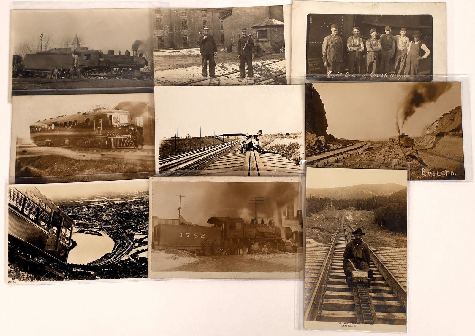 Postcards Showing Various Railroad Scenes (9) [128938]: A small collection of postcards showing various aspects of life on the railroad, including Depression Era men "Riding the Rails," an engine crew, track and shop workers and locomotive photos. Some are