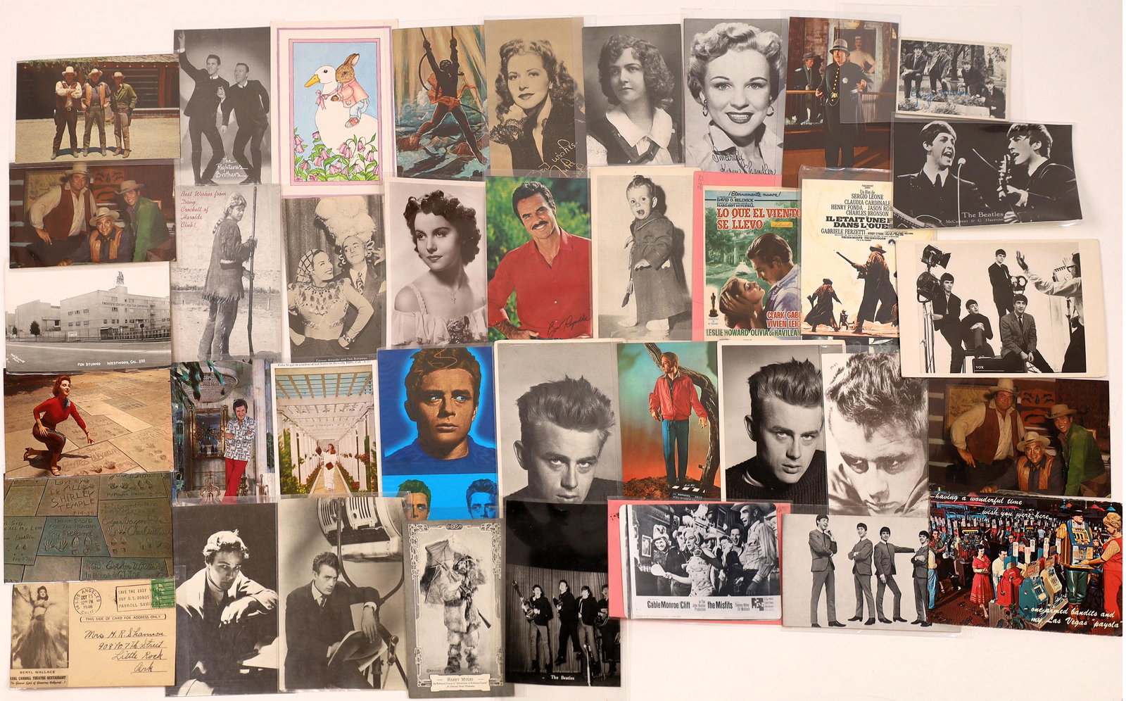 RPCs Miscellaneous Grab Bag Hollywood Beatles Nevada: Lot of 38 interesting miscellaneous Hollywood, Beatles, Nevada RPCs from the 1940s on. Grab bag includes: several James Dean, several Beatles, scene from the 1961 film "The Misfits" (Marilyn Monroe, C