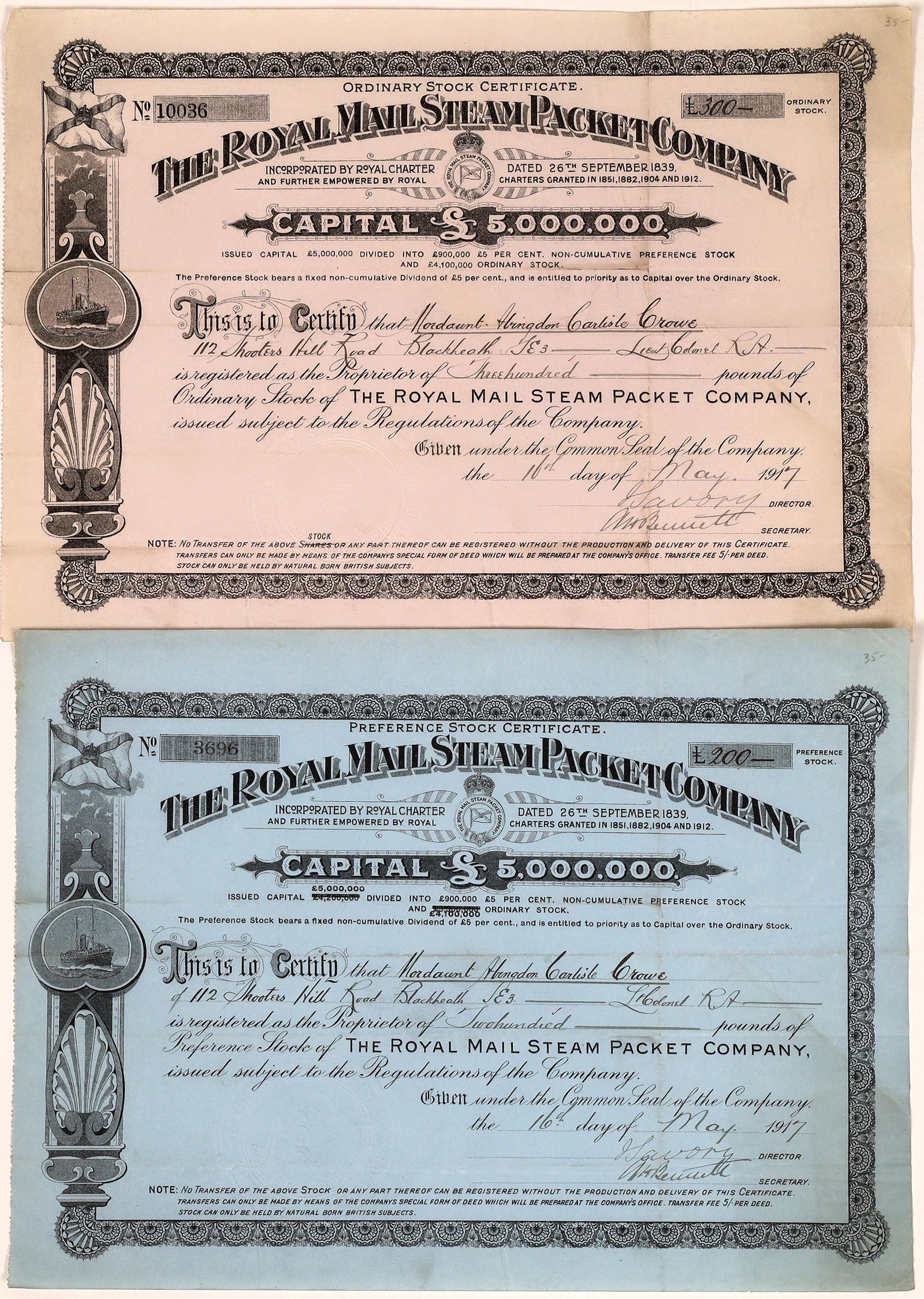 Royal Mail Steam Packet Company Common & Preferred: Two different here, a common stock on white paper and a preferred certificate on blue. The Royal Mail Steam Packet Company was a British shipping company founded in London in 1839 by a Scot, James Mac