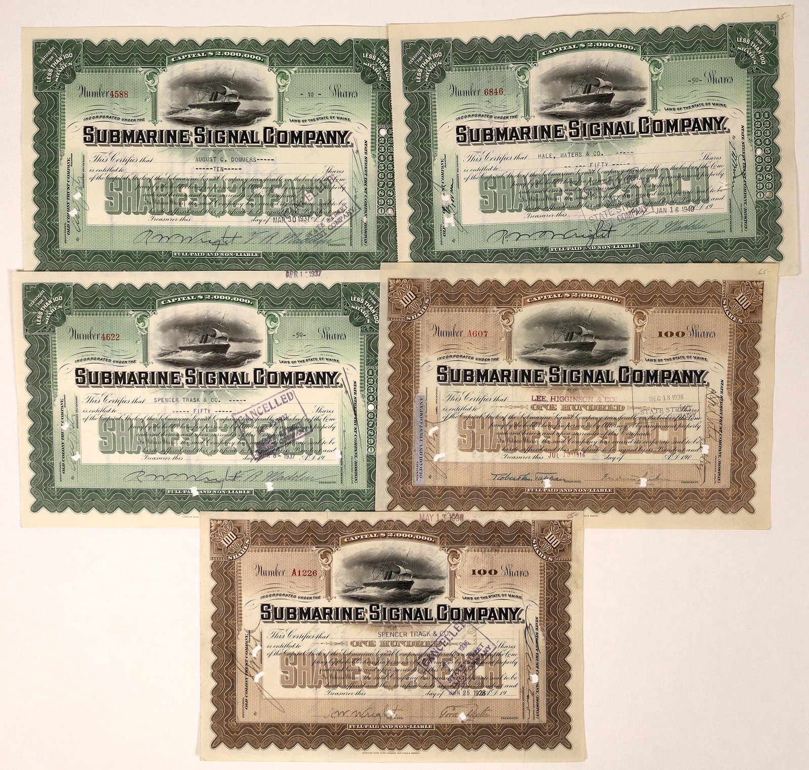 Submarine Signal Company Stock Certificates (5): Five issued certificates from this company dated between 1916 and 1940. Nice vignette of a steamer that also had sails. The company was organized in 1901 and manufactured underwater bells and encased 