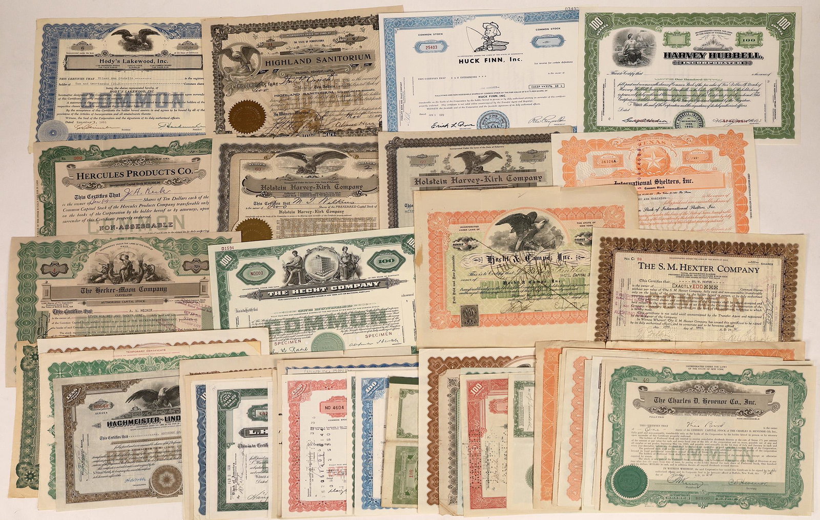 H and I Surname Company Stock Certificates (52): Fifty two, mostly issued stocks with surnames beginning with the letters H and I. Various industries and states represented. Includes a specimen from Harvey Hubbell Incorporated, a certificate from Hu