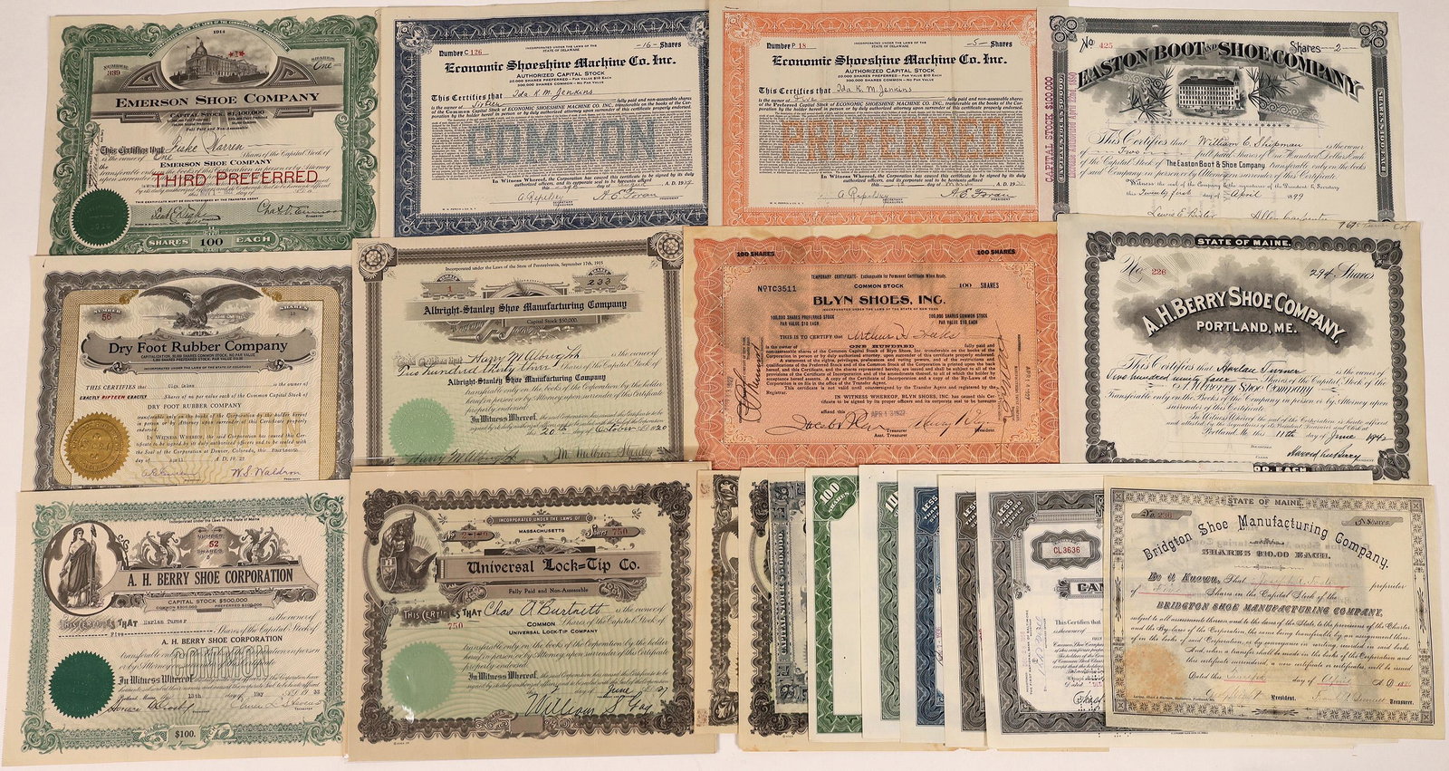 Shoe Company Stock Certificates [128430]: Lot of nineteen stock certificates from shoe companies: Emerson Shoe Co.; Economic Shoeshine Machine Co.(2); Easton Boot and Shoe Co.; Dry Foot Rubber Co.; Albright-Stanley Shoe Manufacturing Co.; Bri