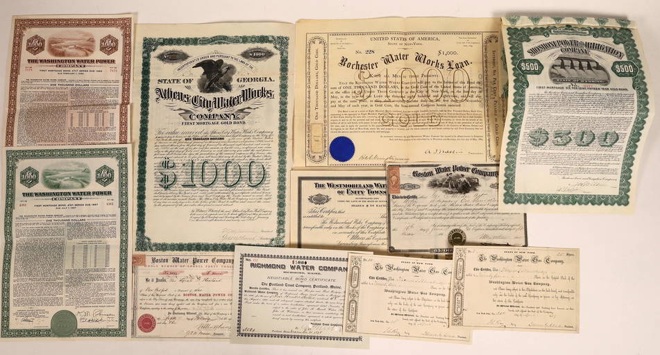 Water Company Stock And Bond Certificates Many