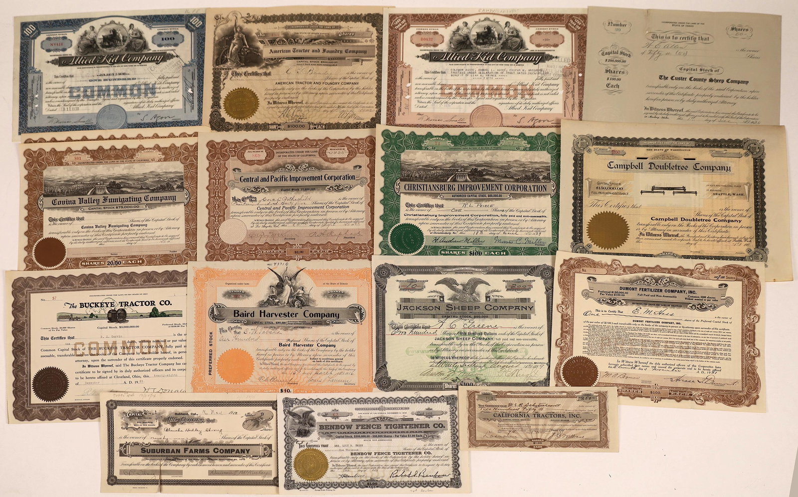 Farm & Farm Equipment Stock Certificate Collection: Lot of 16 stock certificates from companies in the farming business: American Tractor and Foundry; Allied Kid Co.(2); Benbow Fence Tightener; Custer County Sheep Co.; California Tractors and many more