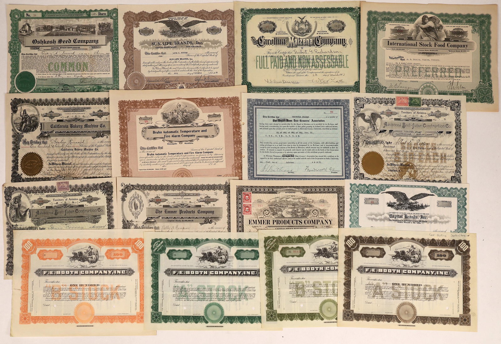 Food Production Companies Stock Certificate Collection: Lot of 16 stock certificates from companies in the food production business: F. E. Booth Co. (4); Advanced Beet-Sugar Construction Co. (Territory of Arizona, 1898); California Bakery Machine Co.; Cali