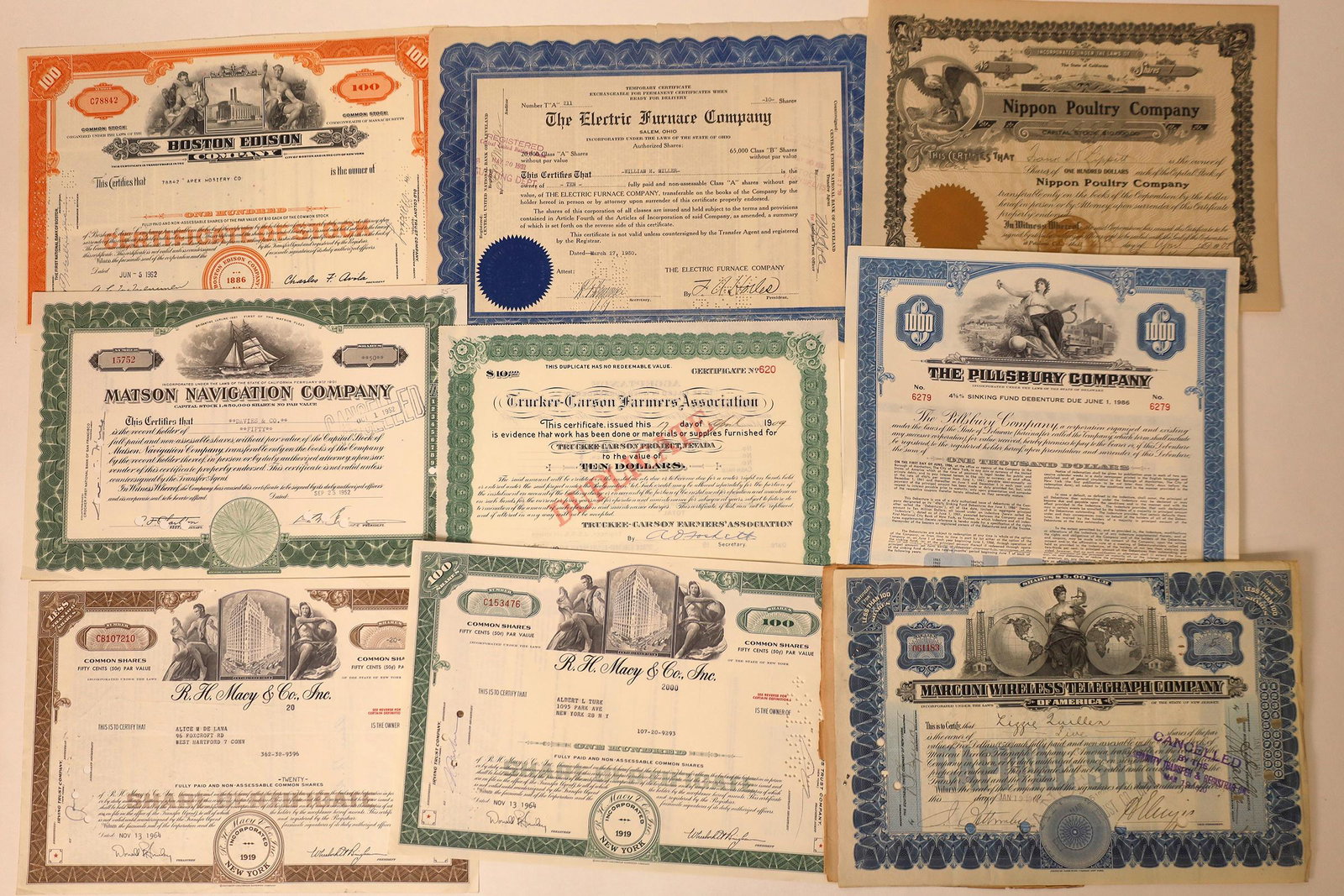 Stock Certificate Variety Group: Navigation, Telegraph,: Lot of 9 different. Includes: Marconi Wireless Telegraph Co. (1914); Truckee-Carson Farmers Assoc. (1909); Matson Navigation Co. (1952); Nippon Poultry Co. (1908); Pillsbury Co. (1961 bond); Electric 