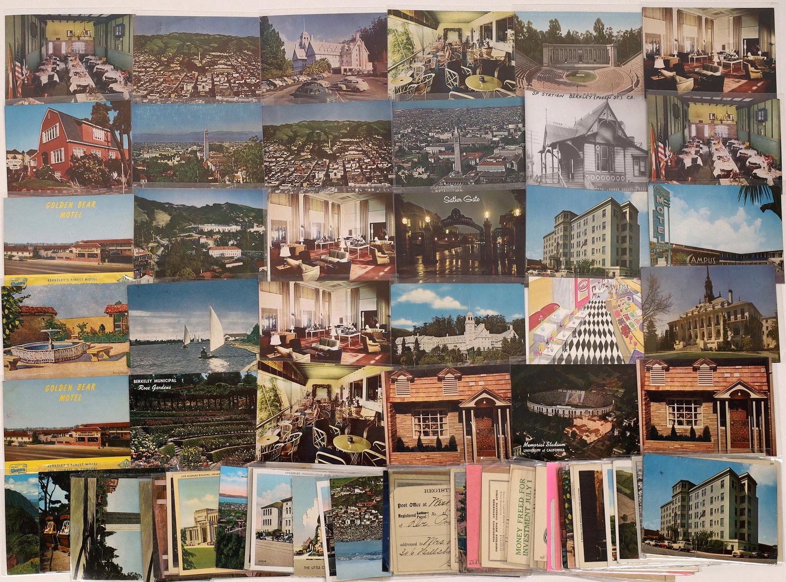 Berkeley Postcard Collection & Ephemera [129097]: Lot of 59 postcards, some post World War Two, some linen handcolored, early RPCs. Also 18 pieces of ephemera: store cards, advertising cards.Date: Country (if not USA): State: CaliforniaCity: Berkeley