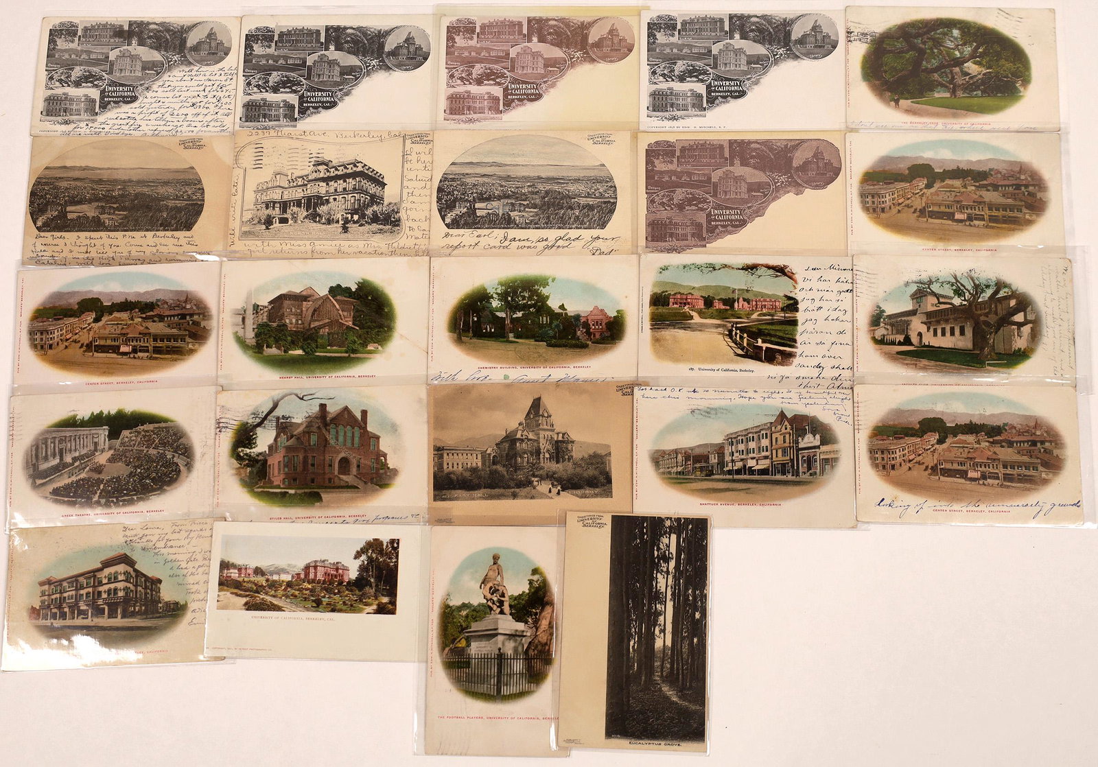 University of California Vintage Postcard Collection: Lot of 24 early post cards from Berkeley featuring the University of California. Four Pioneer cards; one Detroit Publishing; 13 early Mitchells; 6 student cooperative, undivided backs.Date: Country (i