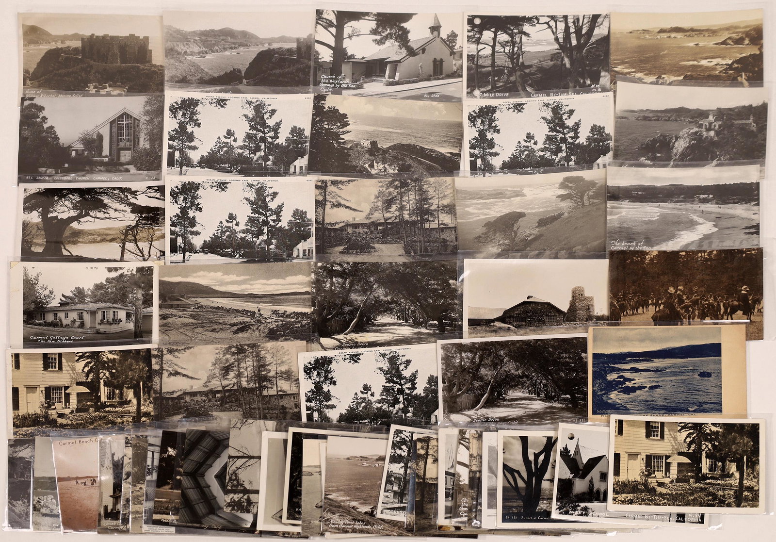 Carmel Vintage Postcard and Real Photo Postcard: Lot of 55 black and white real photo postcards of Carmel: Robinson Jeffers home; Point Lobos; Cypress Point at Sunset; street scenes; a wealth of rugged beauty. Date: Country (if not USA): State: Cali
