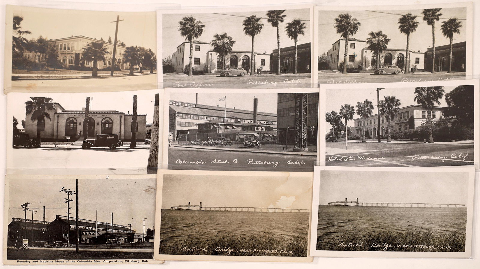 Pittsburg Real Photo Postcard Collection [128550]: Lot of nine white border real photo postcards from Pittsburg, California: Columbia Steel Plant; Post Office; Hotel Los Medanos.Date: Country (if not USA): State: CaliforniaCity: PittsburgProvenance: K
