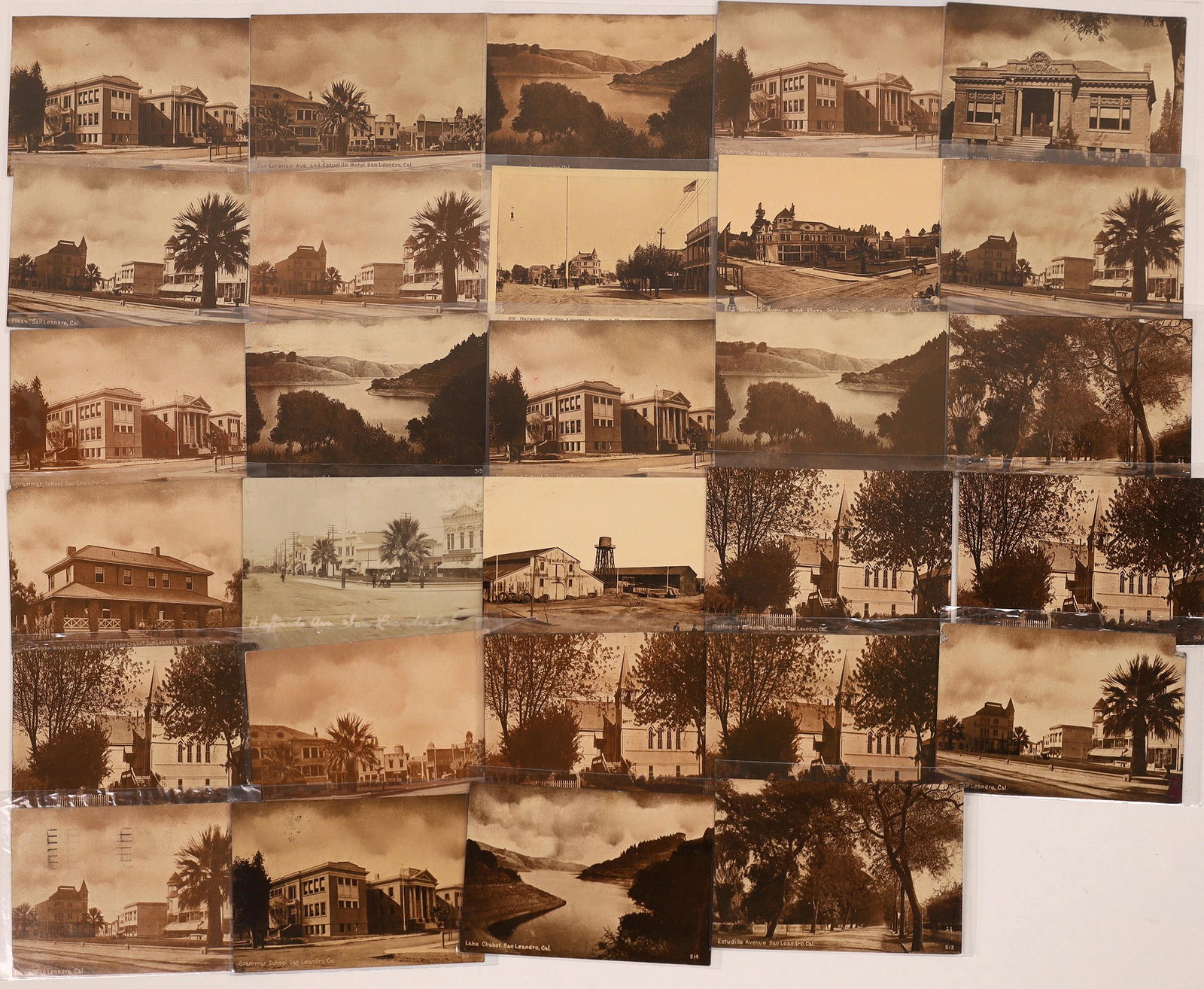 San Leandro Amber Postcard Collection [128562]: Lot of 29 amber tinted real photo cards, most published by Edward H. Mitchell. Street scenes, churches, buildings, Lake Chabot. Date: Country (if not USA): State: CaliforniaCity: San LeandroProvenance