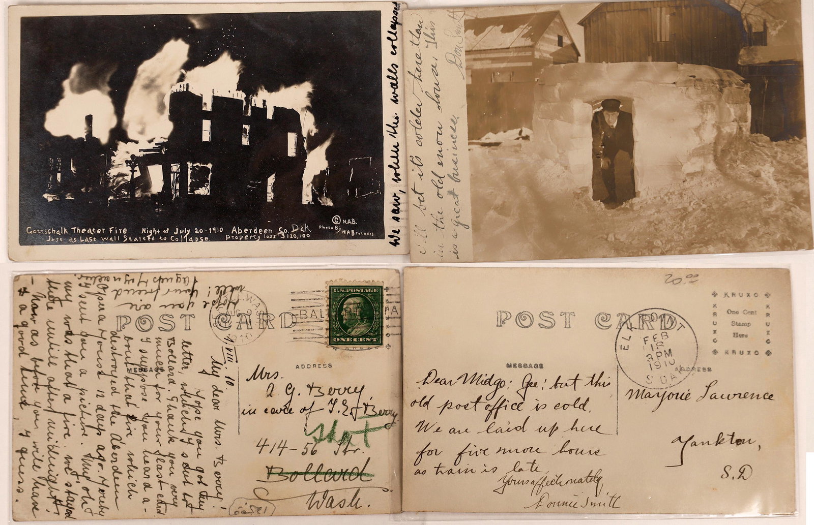 Real Photo Postcards of South Dakota [128366]: Lot of two real photo postcards from South Dakota: 1) the Gottschalk Theater Fire the night of July 20, 1910, Aberdeen; 2) Man in an ice house postmarked Elk Point, 1910. Date: Country (if not USA): S