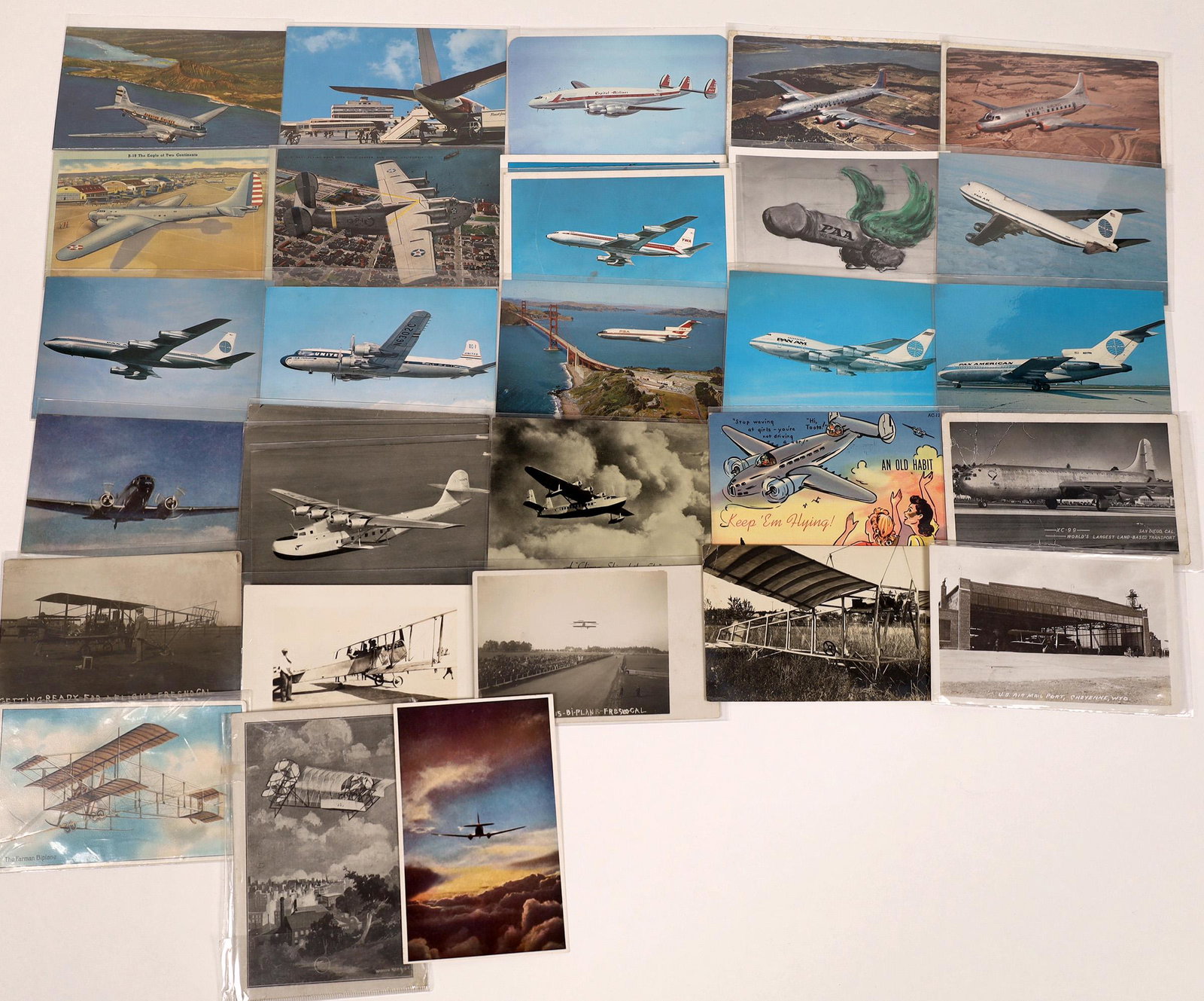 Aviation Postcard Collection [128353]: Lot of 31 postcards of airplanes. Seven from the dawn of aviation: Farman biplane; U.S. Air Mail Port, Cheyenne, Wyoming; Schroeder flying machine; biplanes. More modern aircraft include: XC-9; B707; 