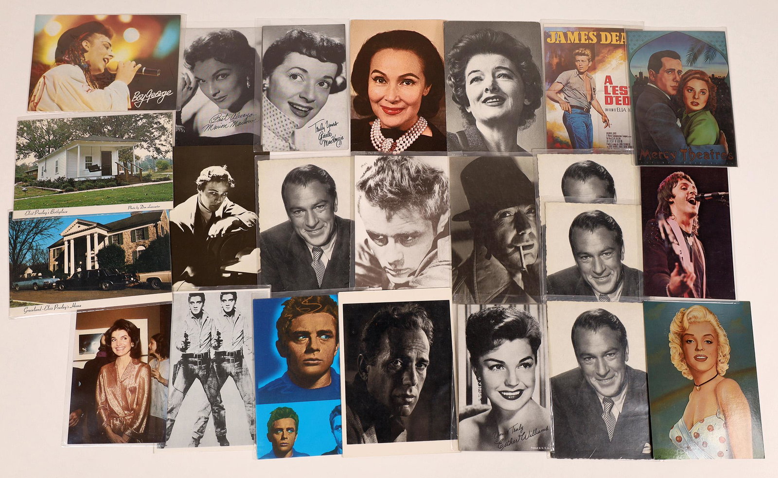Famous People Photo Postcard Collection [128347]: Lot of 23 postcards of celebrities: Elvis; James Dean; Humphrey Bogart; Delores Del Rio; Jackie Kennedy; Marion Marlowe; Paul McCartney; Marilyn Monroe; Gisele MacKenzie; Esther Williams; Gary Cooper;