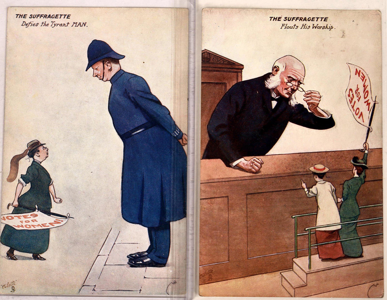 Suffragette Postcards by Raphael Tuck & Sons "Oilette": Lot of two art postcards by Raphael Tuck & Sons (Art Publishers to Their Majesties the King & Queen) depicting suffragettes. "Defies the Tyrant Man," is undivided back, unused. "Flouts His Worship," p