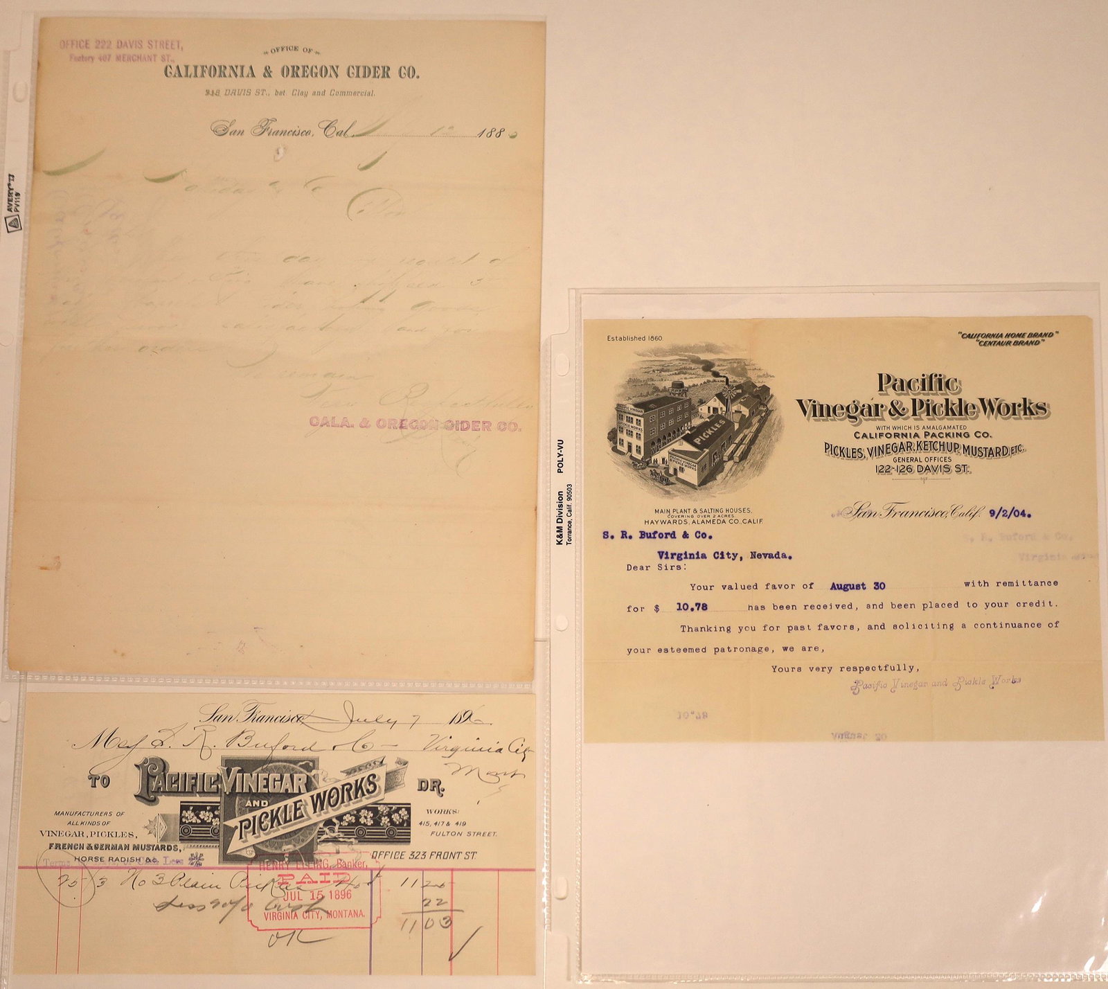 San Francisco Pickles & Cider Billheads, 1886-1904 (3): Includes two from Pacific Vinegar and Pickle Works, and one from California & Oregon Cider Company. View photos for condition. Date: Country (if not USA): State: CaliforniaCity: San FranciscoProvenanc