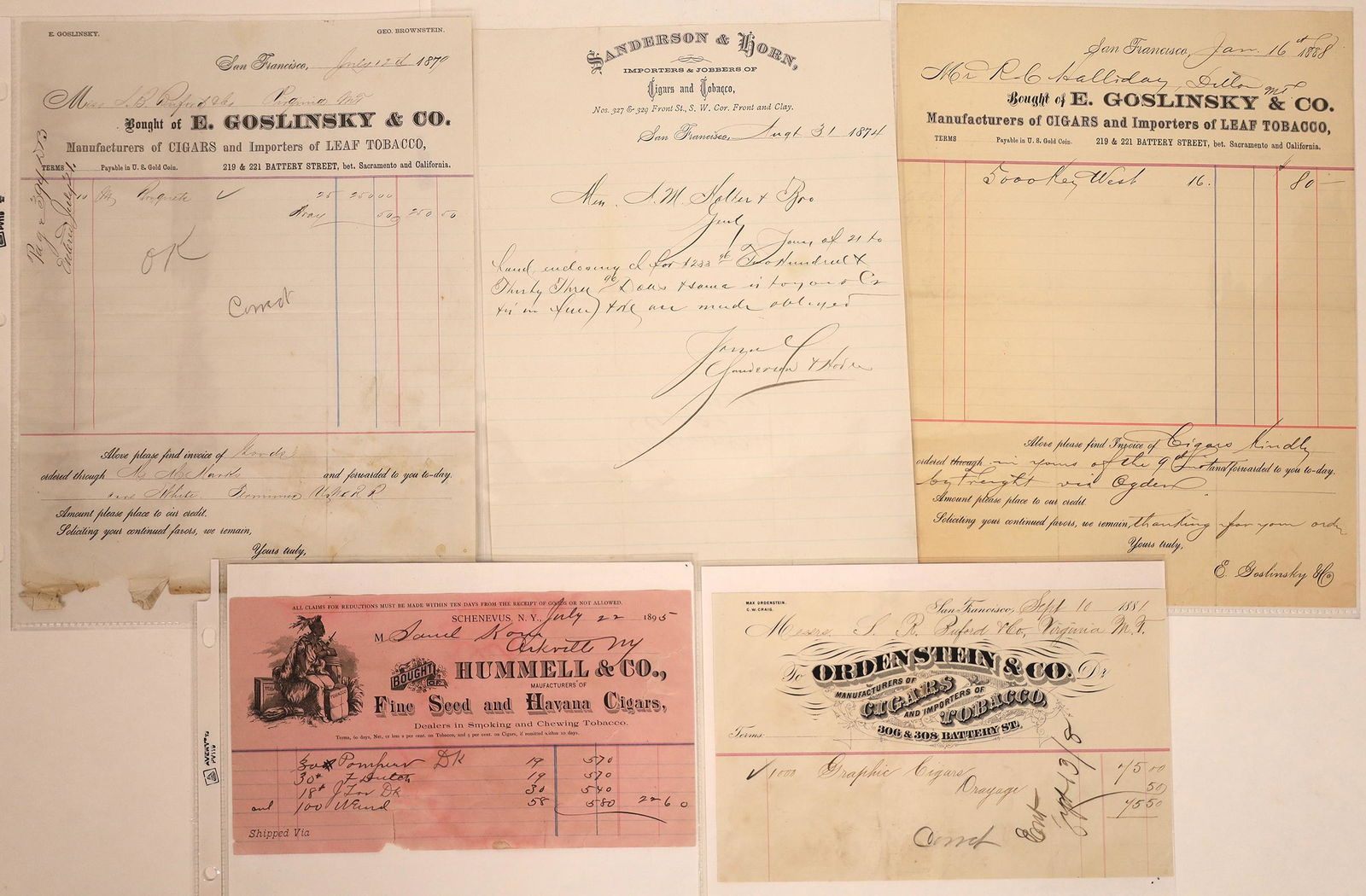 San Francisco Tobacco Dealers Billheads, 1874-1895 (5): Five different billheads from tobacco dealers in San Francisco. All dated pre-1900. Nice group overall. See photos. Date: Country (if not USA): State: CaliforniaCity: San FranciscoProvenance: Stuart M