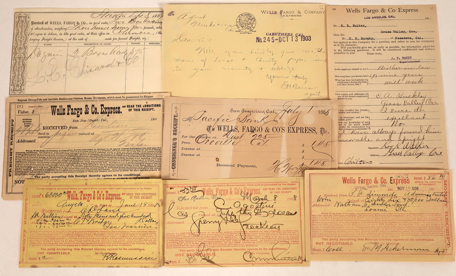 Wells Fargo & Co's Express California Receipt: Lot of nine receipts from California towns: Oroville (1885), Angels (1895: gold bullion), Los Angeles, San Jose, Mendicino, Grass Valley, San Andreas (1888), Stockton (1869, might be Rocklin) & Columb