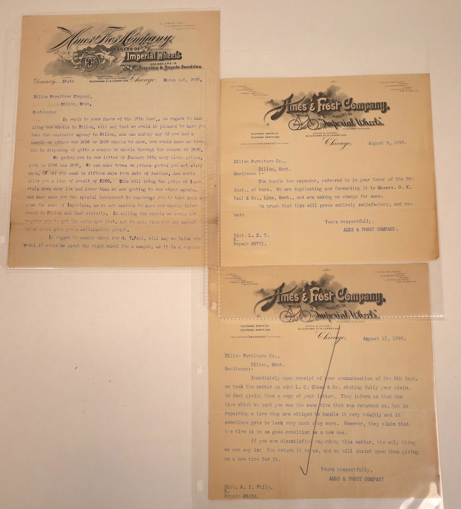 Three Ames & Frost Bicycle Letterheads, Chicago, 1890's: Three billheads in two different styles from the bicycle wheel makers. The company was the maker of "Imperial Wheels". All three letterheads are dated in the late 1890's. The two from 1898 picture a b