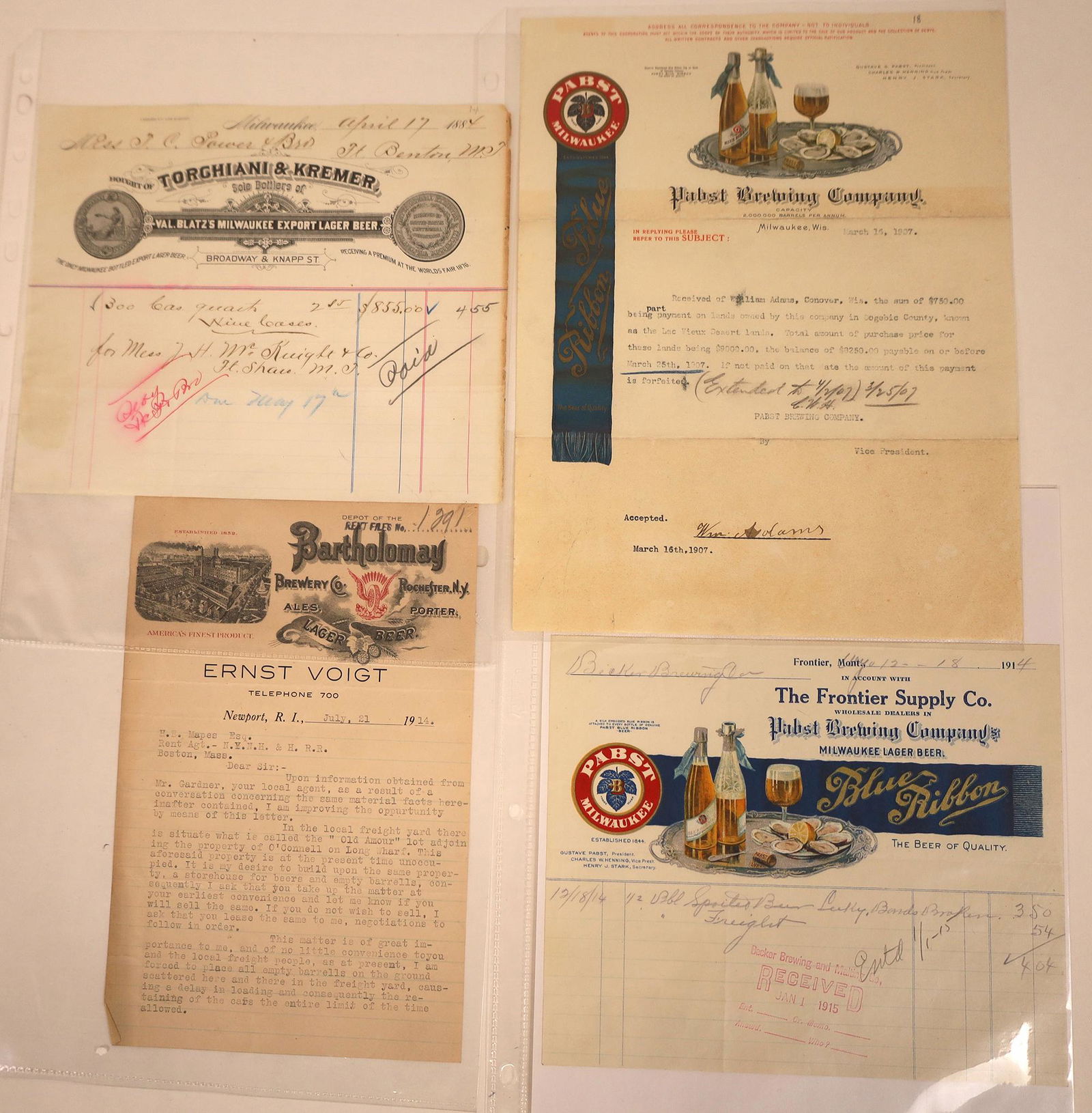Four Brewing Billheads Including Two Stunners from: Great brewing billheads including two Pabst, one from the company directly. Dated 1907, at Milwaukee, the Pabst blue ribbon extends more than half the page vertically. The other Pabst related piece is