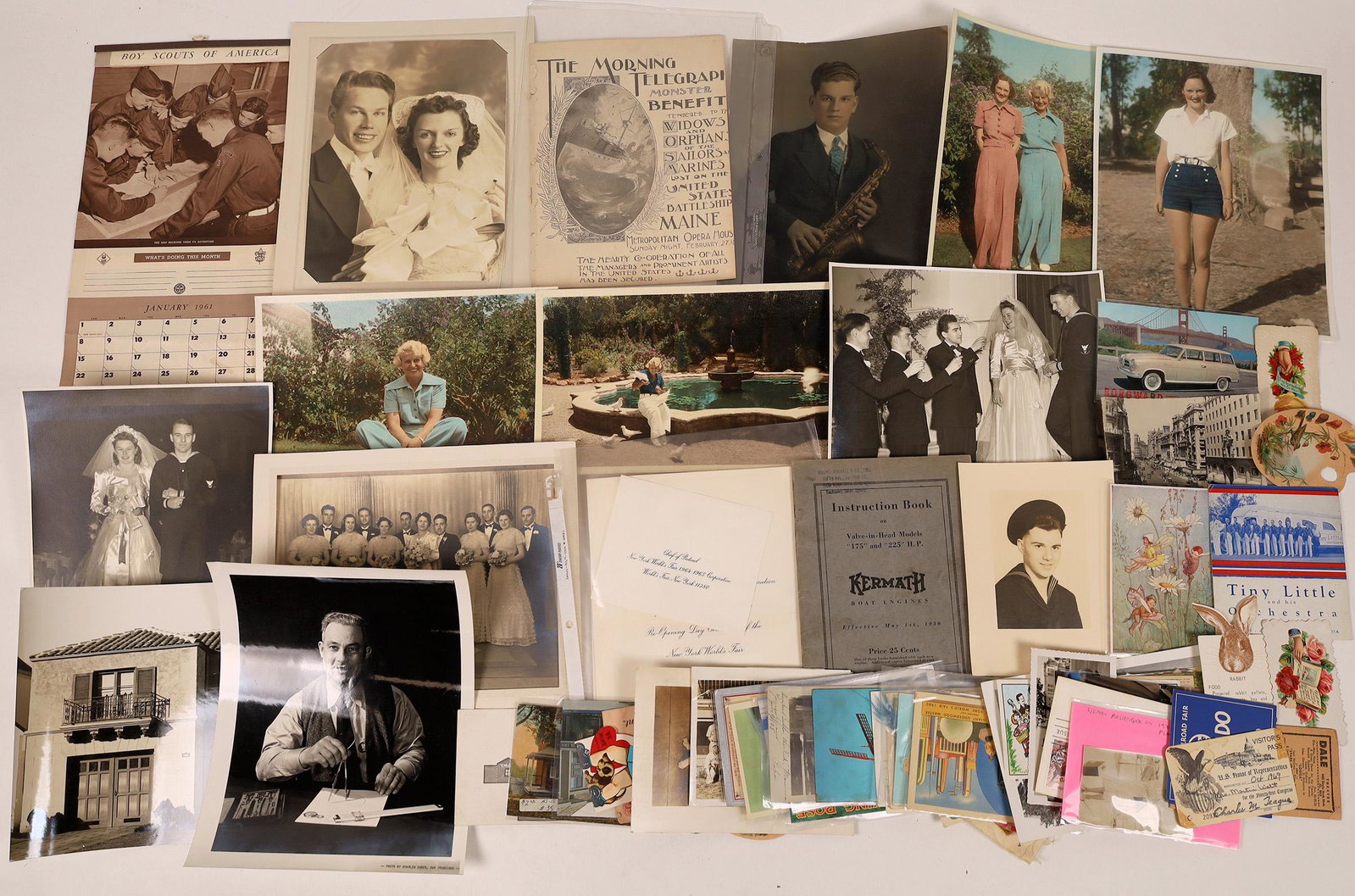 American Ephemera Collection [127931]: Huge lot of everything: 1961 Boy Scout calendar, invitation to the opening of the 1964 New York World's Fair; wedding photographs of people you don't know; post cards of Thomas Edison; photo of the 19