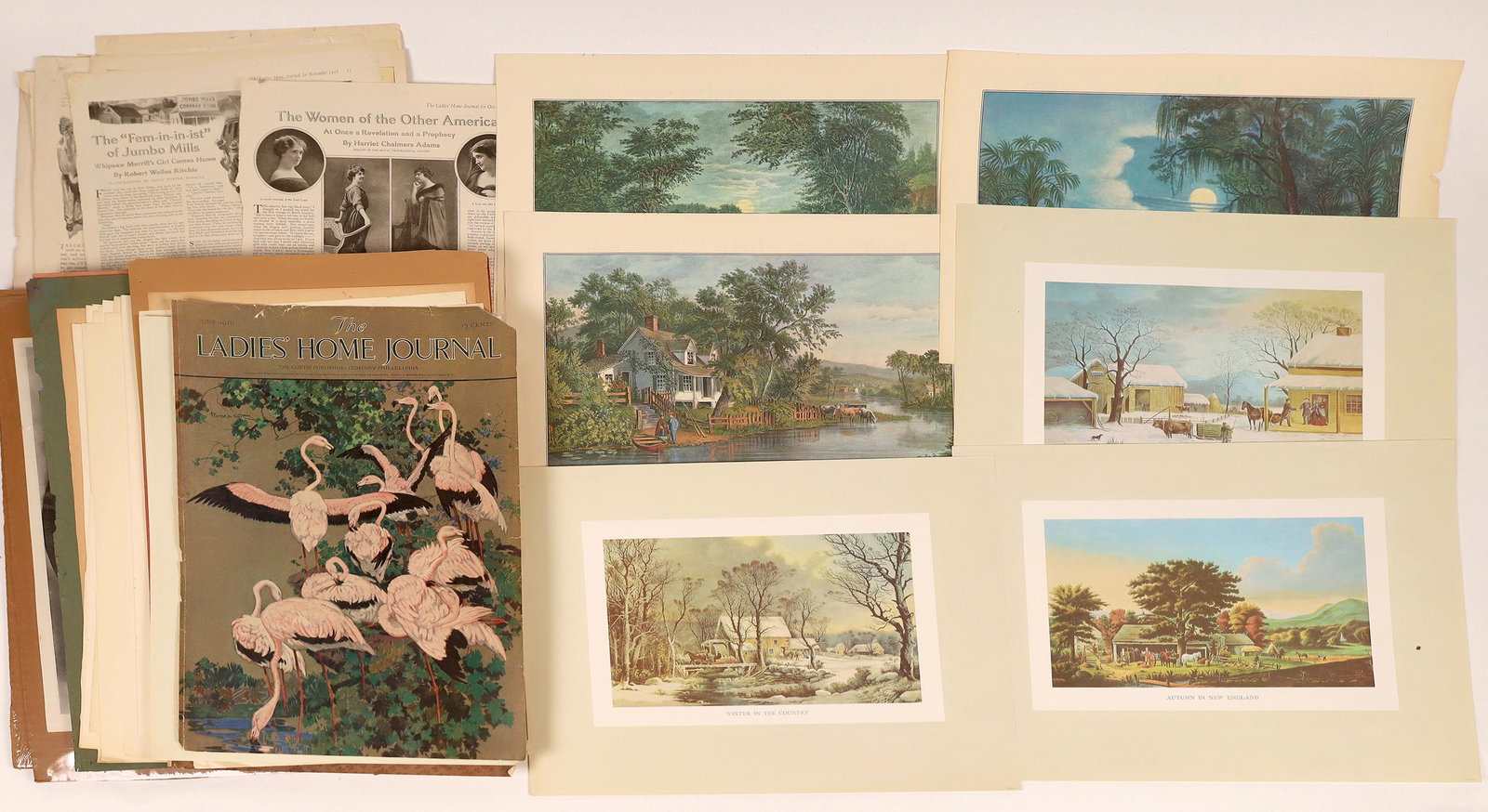 Calendar Art Featuring Women & Landscape Scenes: Approx. 80 pieces of prints, newspaper articles & misc. Includes: Wild Duck Shooting; American Farm Yard-Evening; Deer and Fawn; reprints from litho's by Currier & Ives. Most are 16"x 10". Date: clate