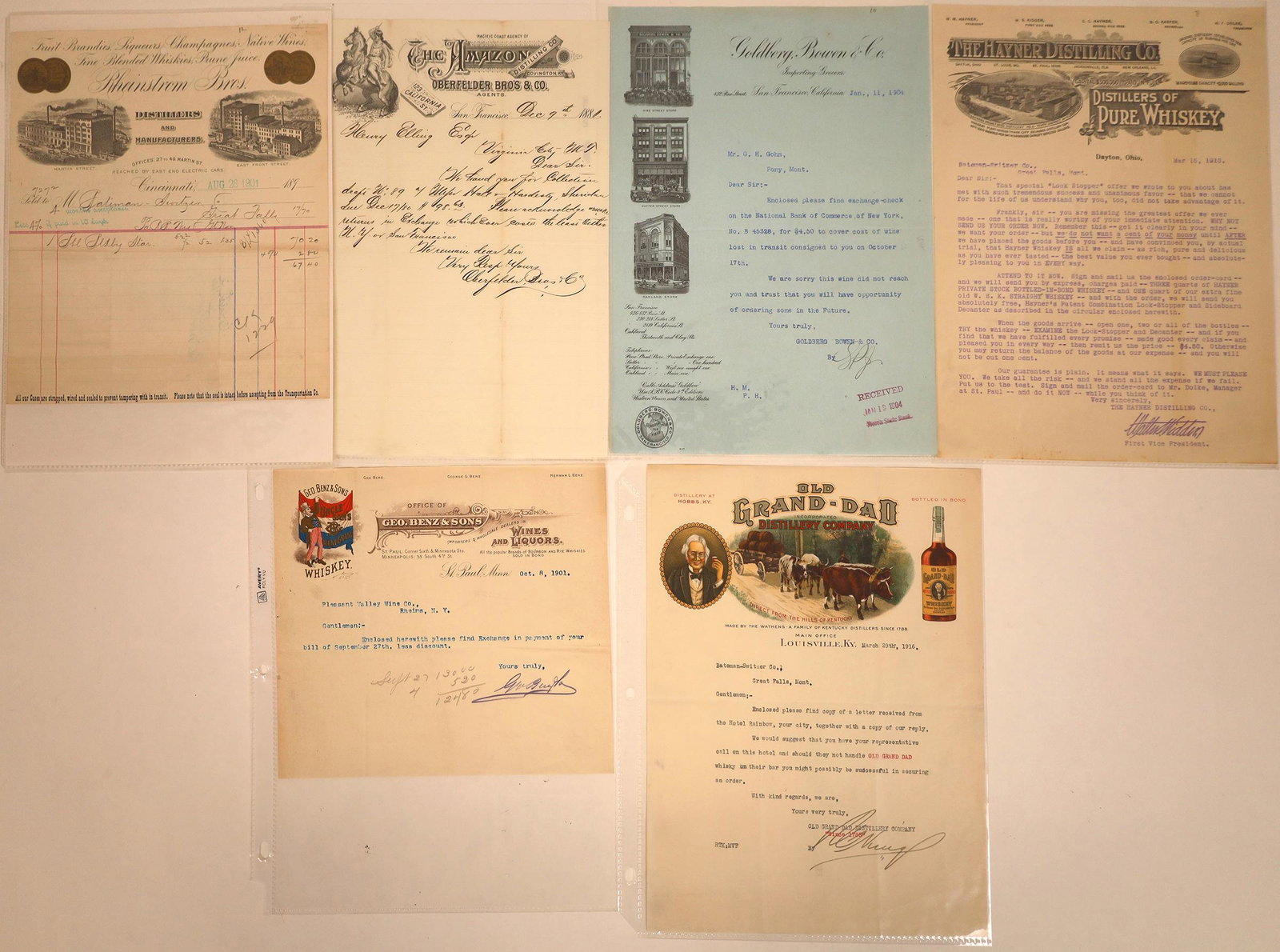 Colorful Whiskey Billheads & Letterheads (6) [128783]: Six whiskey related pieces including two in full color. These include one from Old Grand-Dad Distillery Company, Louisville, KY. dated 1916, and Geo. Benz & Sons, Uncle Sam's Monogram Whisky, St. Paul