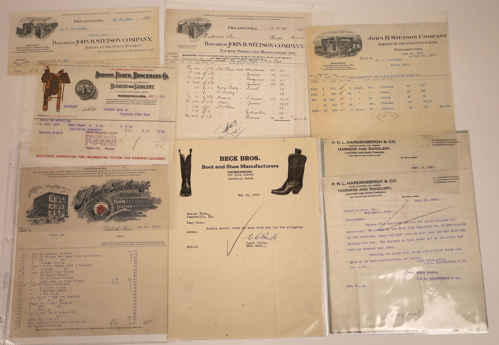 Cowboy Themed Billheads Including John B. Stetson: Ten total pieces including three billheads from John B. Stetson, the famous hat maker. Also, includes four letterheads from P.R.L. Hardenbergh & Co, harness & saddlery, St. Paul, MN. Also, very nice p