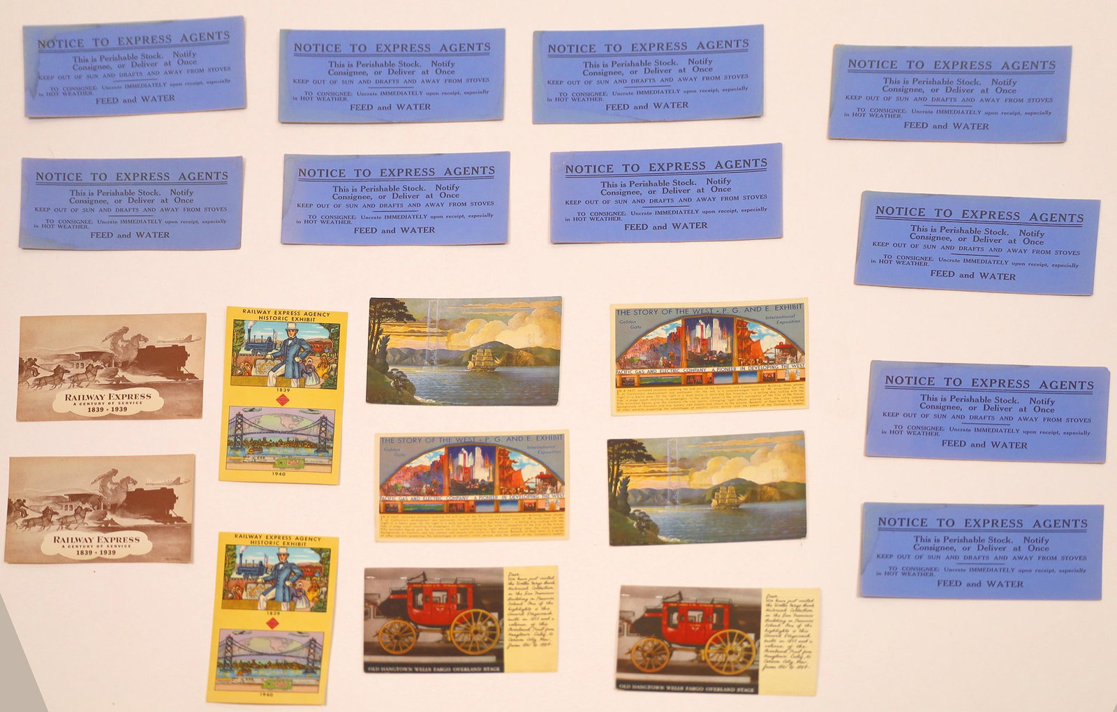Express Documents and Postcards Group [128846]: A group of express items includes postcards regarding Wells Fargo and Railway Express. Plus a stack of what looks like ink blotters with a "Notice to Express Agents". Ten postcards in total. Date: Cou