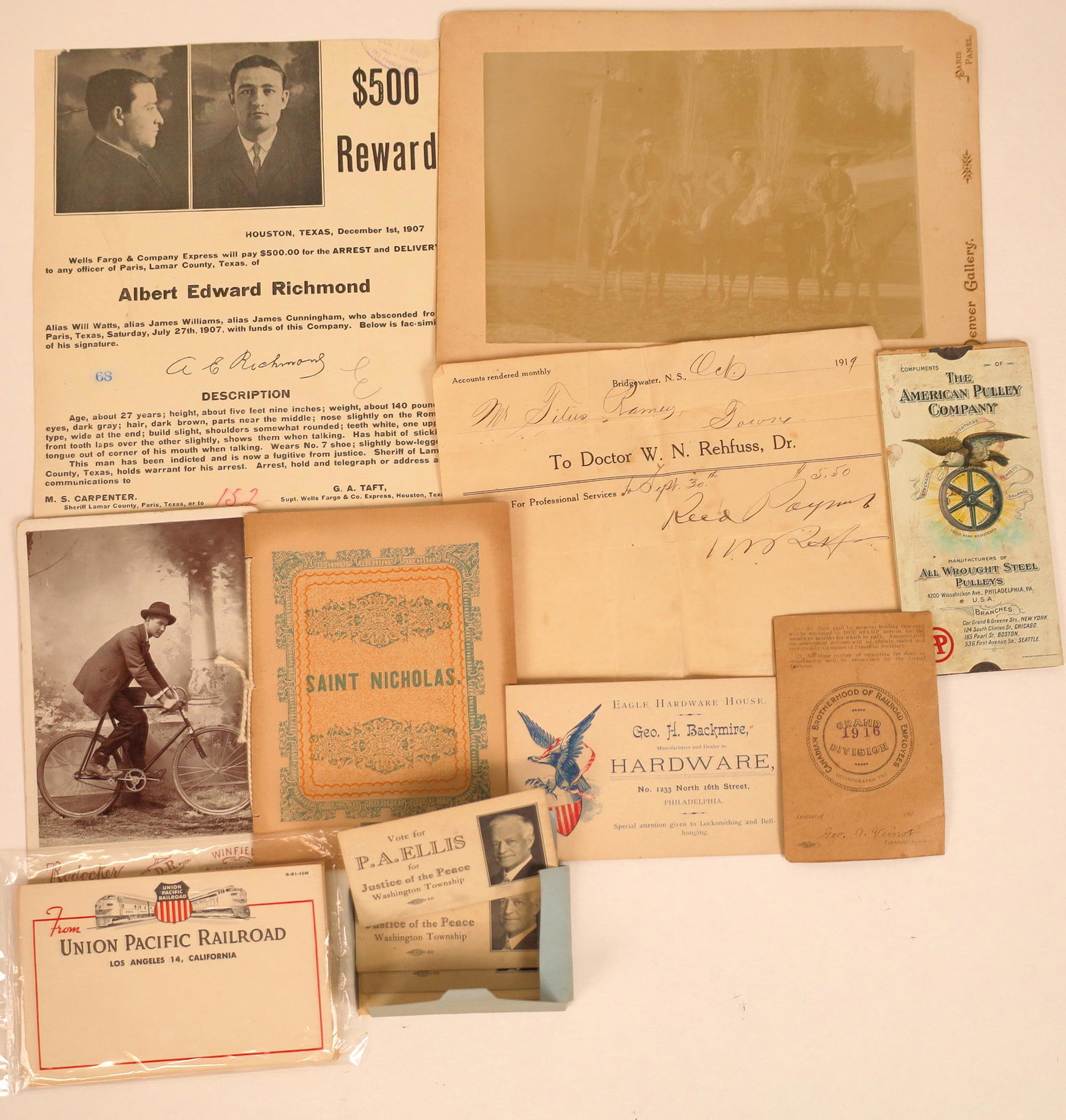 Mixed Lot of Americana [128853]: Highlights include a wanted poster, a mounted photo of three cowboys in Denver, a stack of Union Pacific note paper, a mounted photo of a man on an early bicycle, a slide rule for The American Pulley 