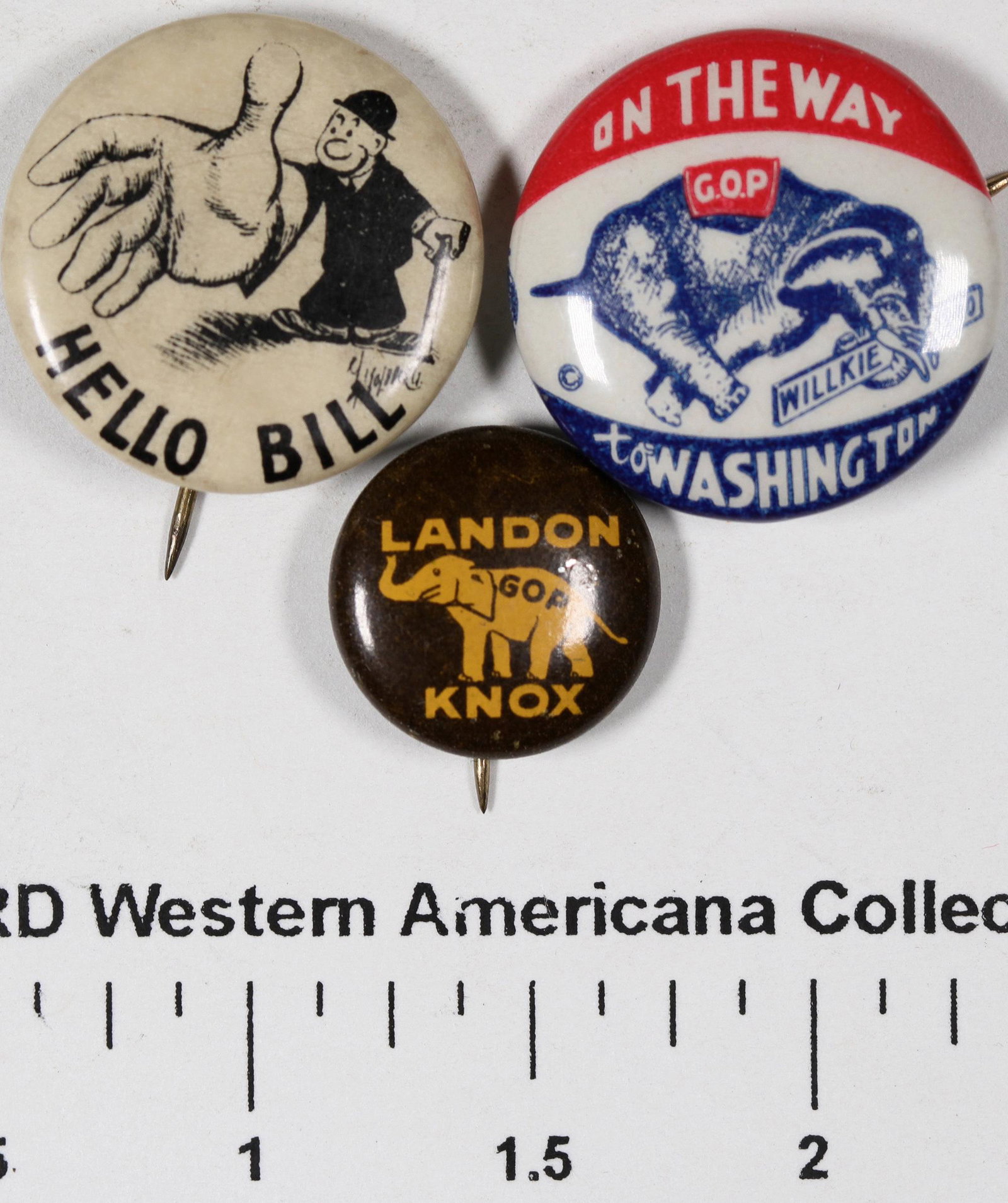 Political Pinback Buttons (3) [129510]: Two are from presidential candidates or wannabes. Small pinback for Landon, Knox, GOP was from the 1936 Presidential election and candidate Alf. Landon. Also, a pinback, "On the Way to Washington, GOP