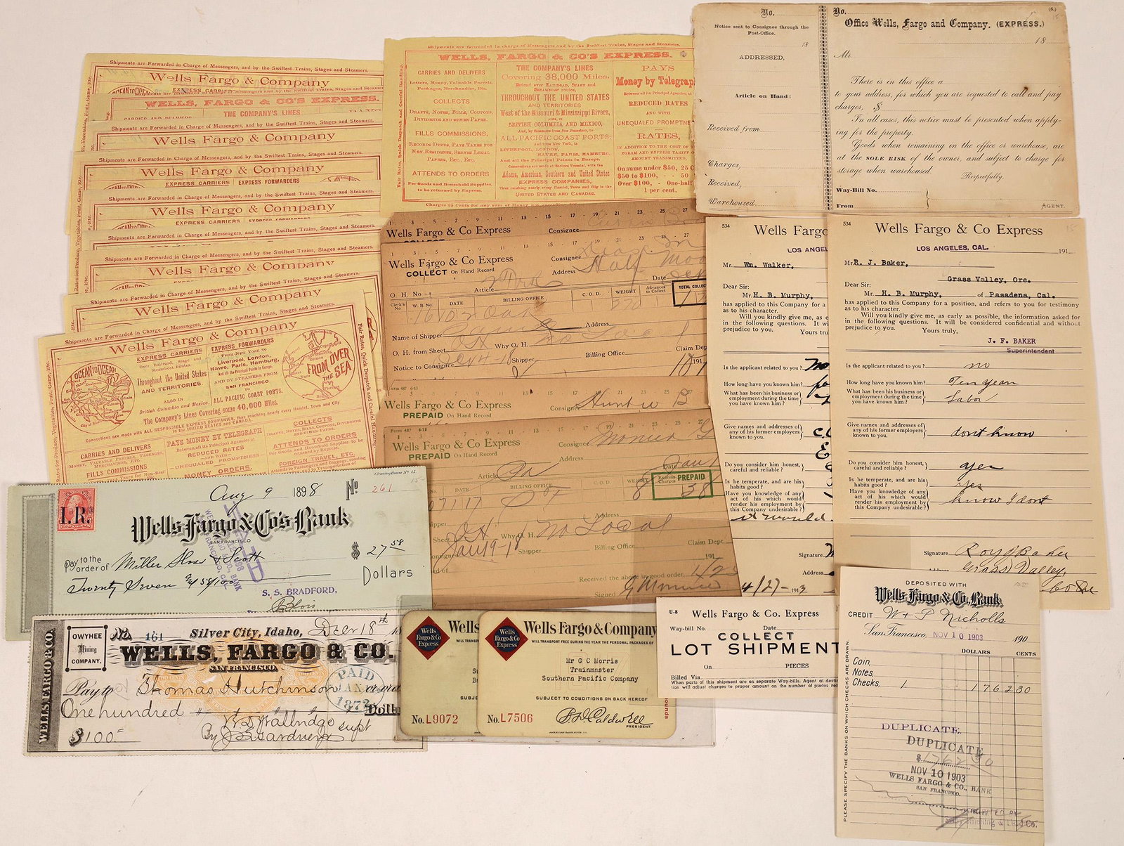 Wells Fargo Ephemera Collection [127913]: Lot of 25 pieces of Wells Fargo history: 10 Wells Fargo & Co's Express receipts; two railroad passes for shipping personal packages; checks from Silver City, Idaho and San Francisco; employee's receip