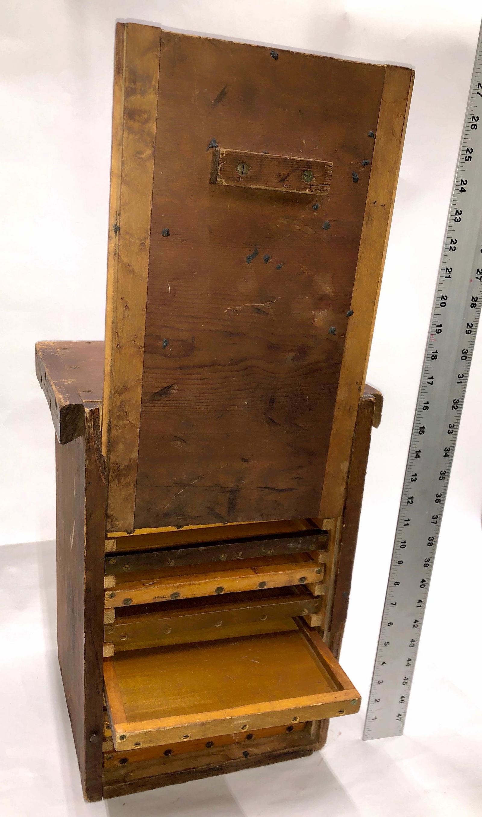 Wood Box, 10-sliding drawer Cabinet [131284]: 12" x 10" x 17" high all wood constructed box. Sliding drawers, with siding lid. Well-constructed cabinet, 10 drawers, 9x9 each. Excellent for a collection of small objects. Sliding front cover secure