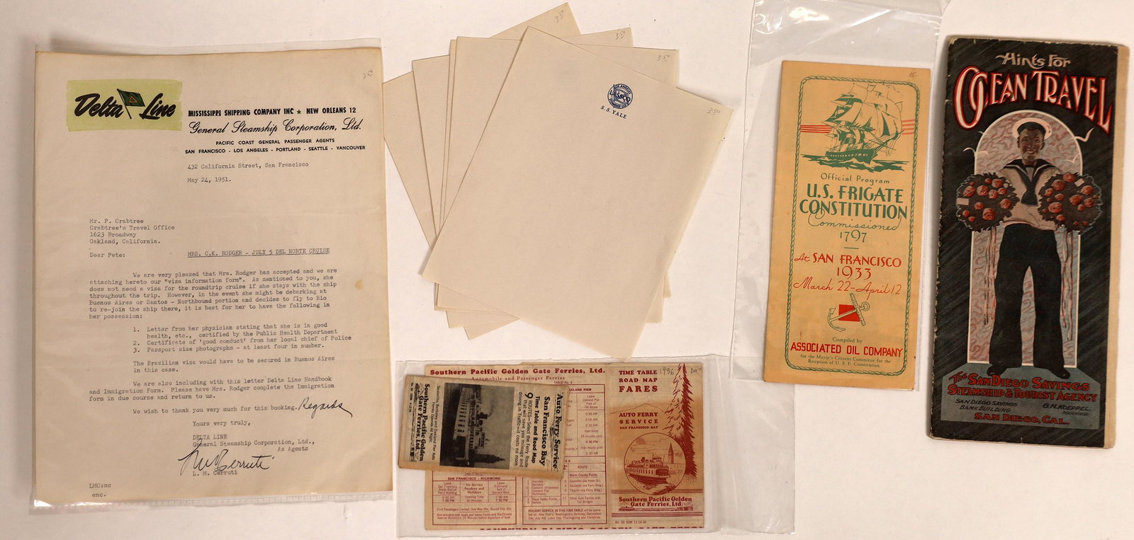 California Steamship Line Ephemera [128421]: Brochures and papers from: Los Angeles Steamship Co.; General Steamship Corporation; The San Diego Savings Steamship & Tourist Agency; Southern Pacific Golden Gate Ferries (1934, 1936); Official Progr