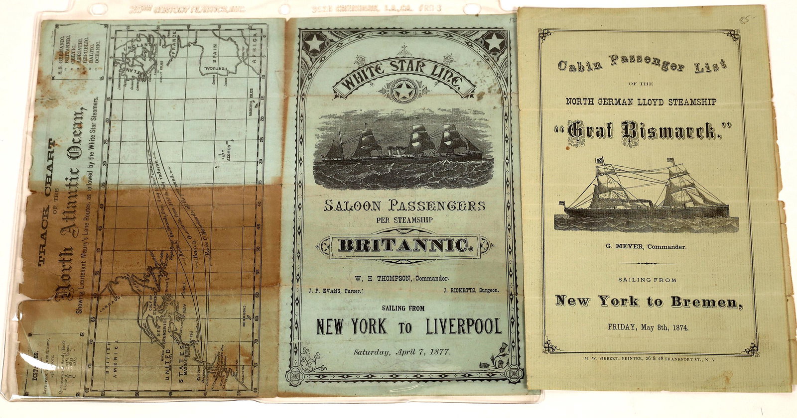1870s Steamship Brochures [128422]: Lot of two: 1) 1874 North German Lloyd Steamship "Graf Bismarck" sailing from New York to Bremen; 2) 1877 White Star Line "Britannic" sailing from New York to Liverpool. Passenger lists, crew rosters,