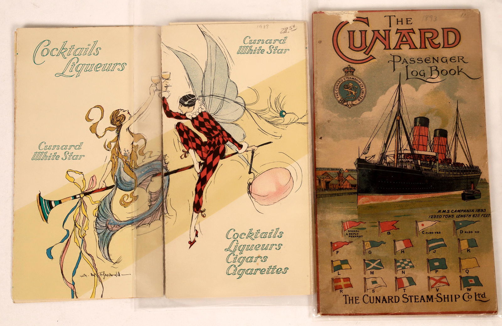 Cunard Steam Ship Line Ephemera [128286]: The Cunard Passenger Log Book, 1893, 84 page brochure detailing the H.M.S. Campania, amenities, engineering and luxuries. Advertising for products tourists can purchase, open pages for passenger diary