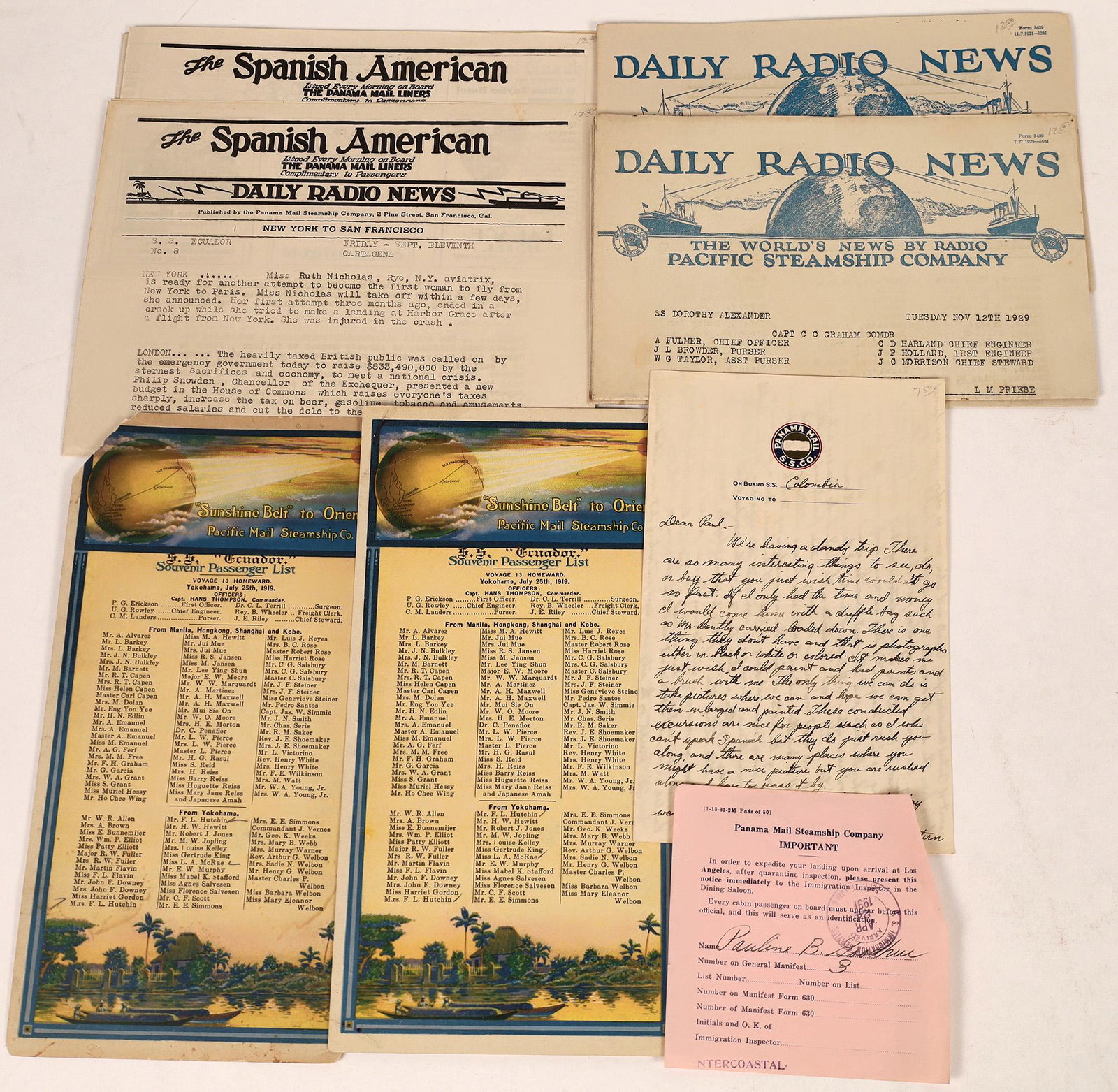 Panama Mail Steamship Company Collection [128305]: Lot of six pieces of ephemera from the Panama Mail Steamship Company : passenger list homeward from Yokohama, July 25th, 1919; Daily Radio News, 1929, 1931 & 1932. Date: Country (if not USA): State: C