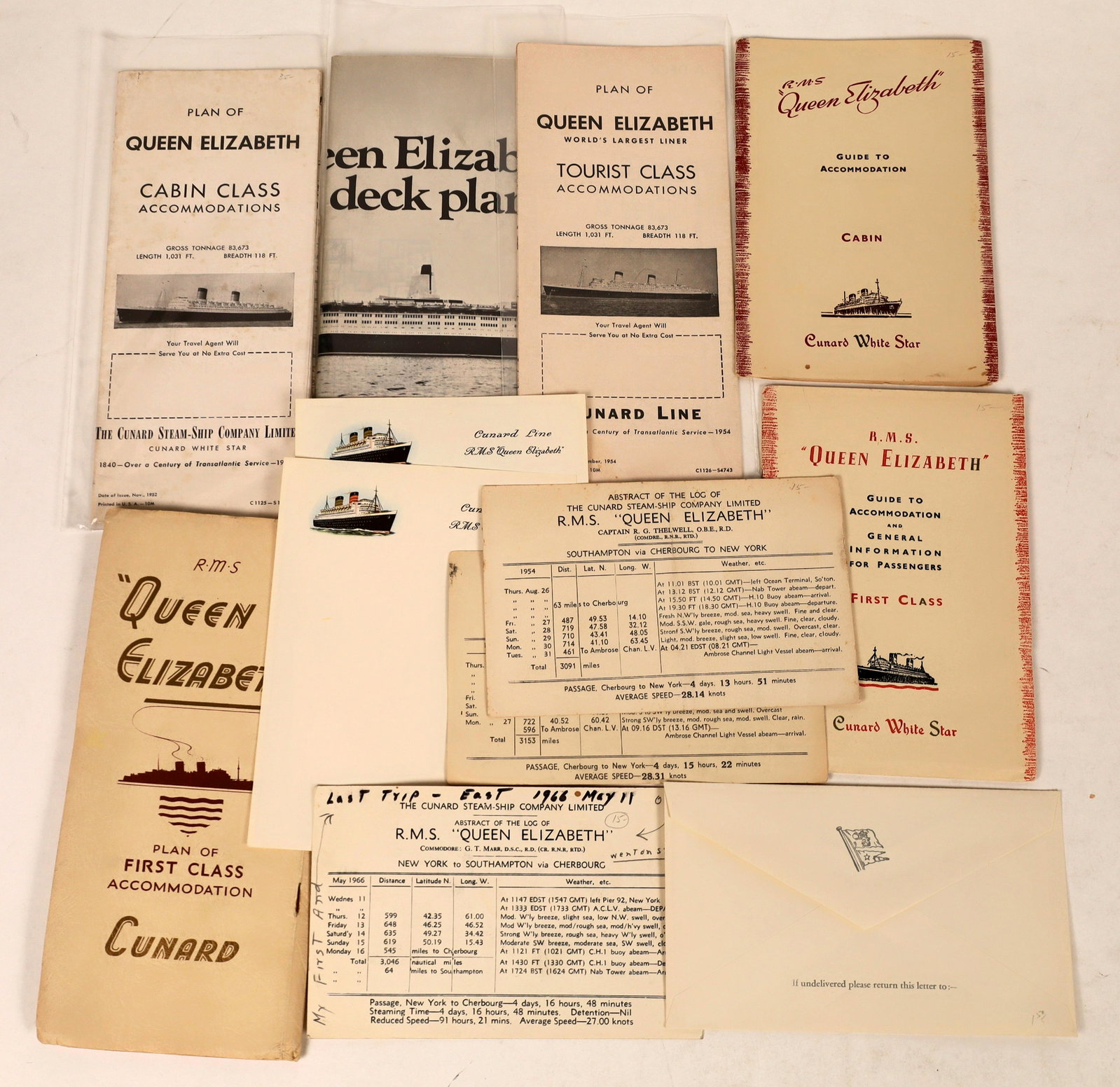 Queen Elizabeth Cruise Ship Ephemera Collection: Lot of twelve pieces of the history of Cunard White Star line cruise ship Queen Elizabeth. Two "Guide to Accommodation"; letterhead stationery; abstract of log from 1954, 1955 and May 1966 (its last t
