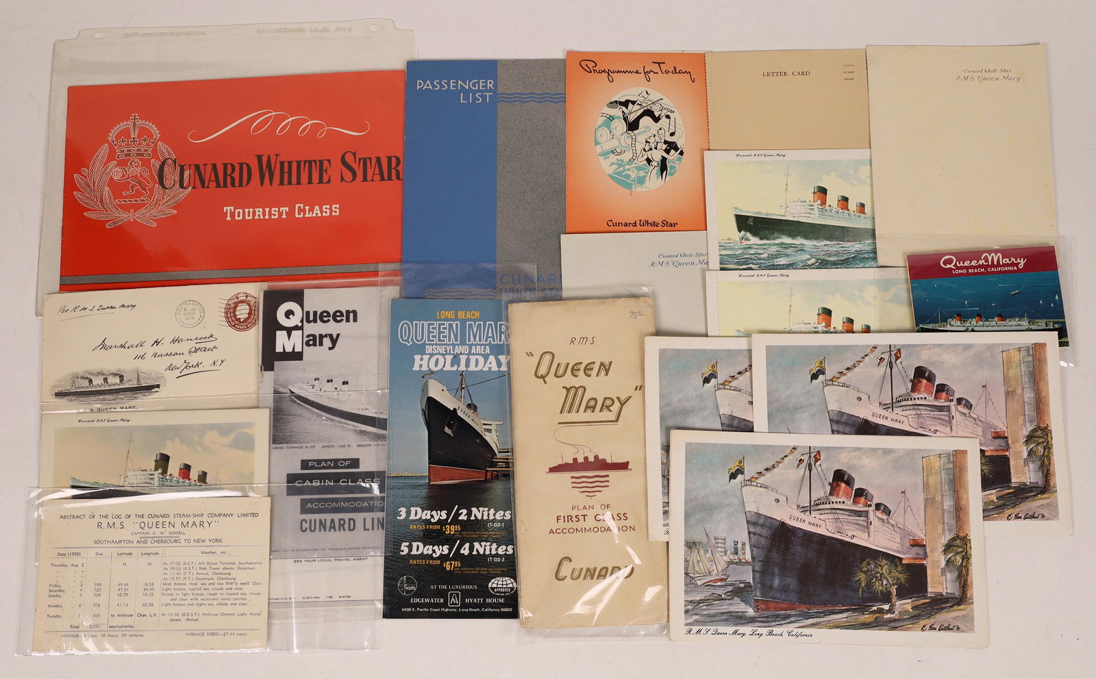 Queen Mary Ephemera Collection [128287]: Lot of over 15 pieces of the cruise ship Queen Mary history. RMS Queen Mary, ocean liner of the Cunard[x=#8211/]White Star line, was launched in 1934 and served as a transatlantic liner, troop transpo