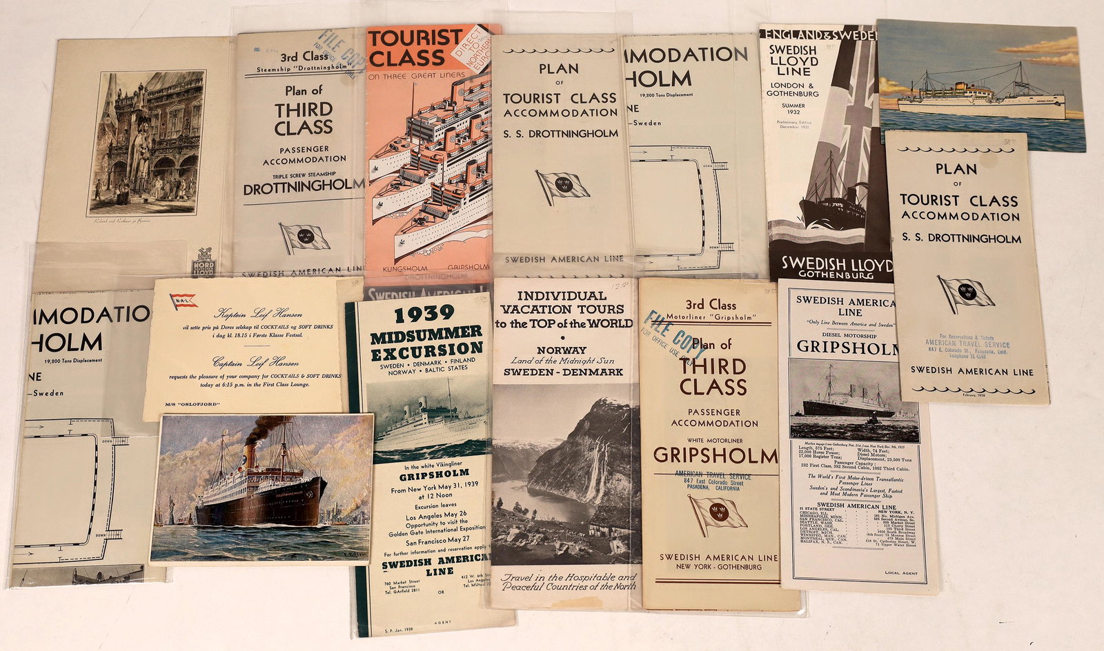 Vintage Swedish American Line Travel Brochures: Lot of fifteen pieces of ephemera from the Swedish American Line; 1920-1930s travel brochures; Deck Plans of Tourist Accommodation; Kaptein Leif Hansen's invitation to cocktails. Date: Country (if not