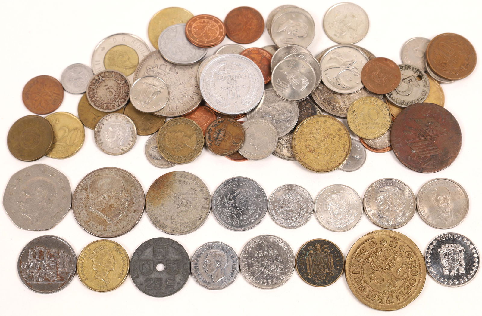 Foreign Coin Collection [128414]: Large lot of foreign coins: Canada: about 20 coins, including 1958 dollar and 1956 50 cent silver coins; Mexico: about 20 coins, some BU; 35 miscellaneous coins: Australia, Great Britain, France, Swed