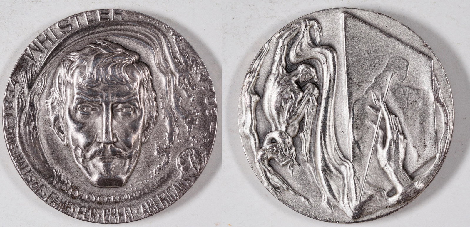 Hall of Fame For Great Americans Silver Medal: Whistler: Medallic Art Company .999 pure silver, weight: 62.9 grams ( 2.022 troy ounces). 44 mm, commemorating the artist James Abbott McNeill Whistler (1834-1903). Sculptor: Stanley Martineau; Year Issued: 197